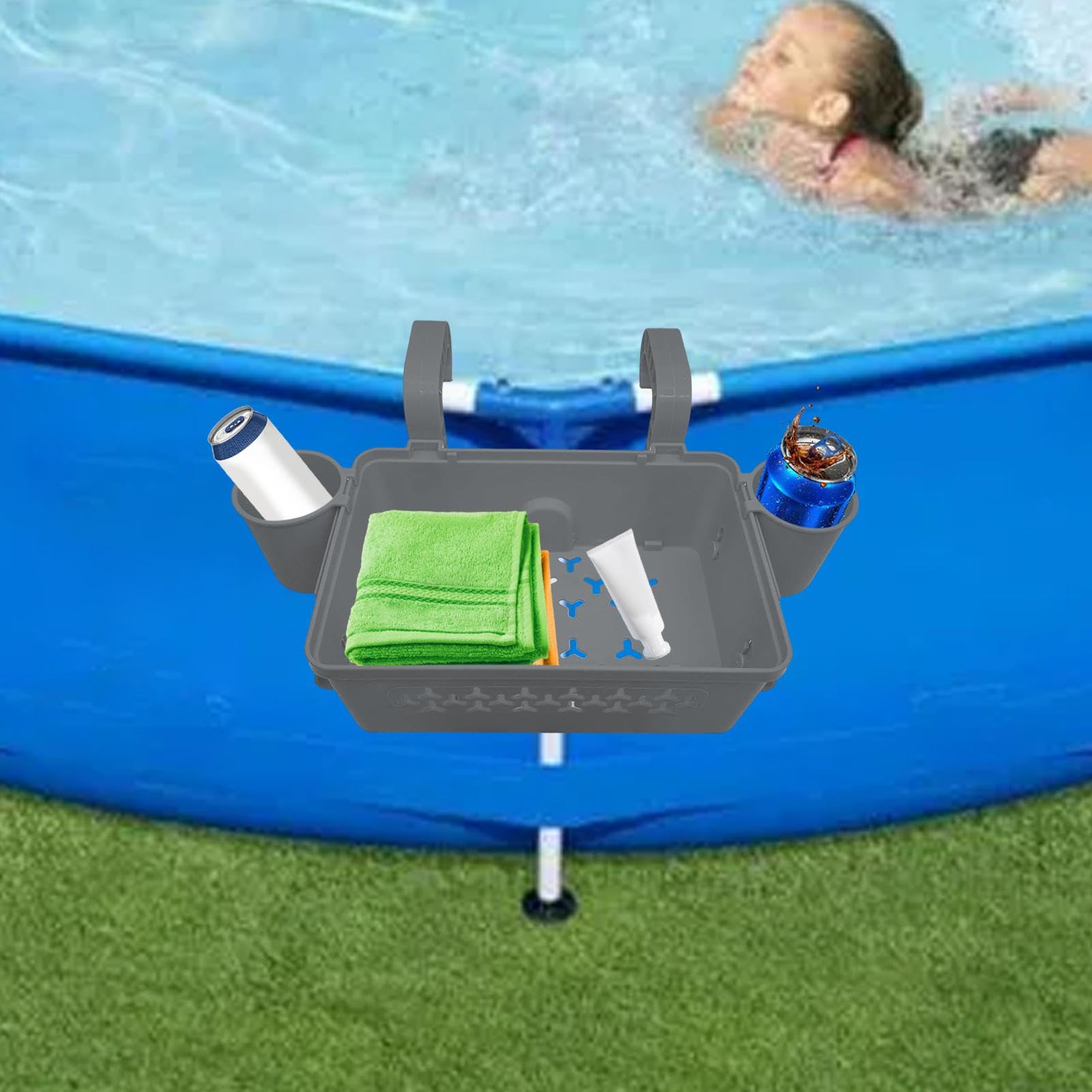 Loufy Set di 2 cestini portaoggetti a bordo piscina, accessori per piscina fuori terra + portabicchieri per piscine fuori terra