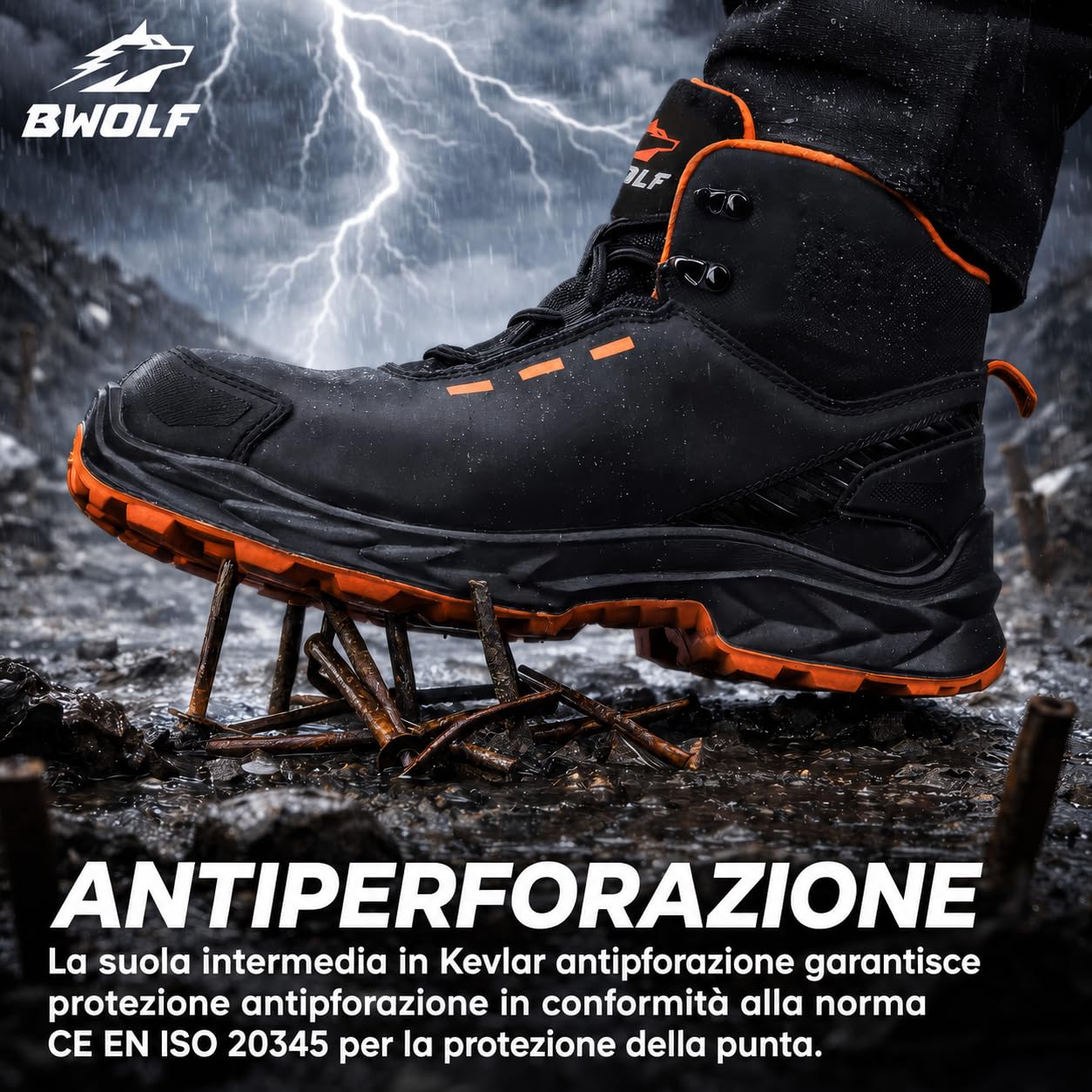 BWOLF FALCON HI S3S Scarpe da lavoro da uomo – Pelle liscia nera, cappuccio in alluminio, intersuola in kevlar, protezione ESD