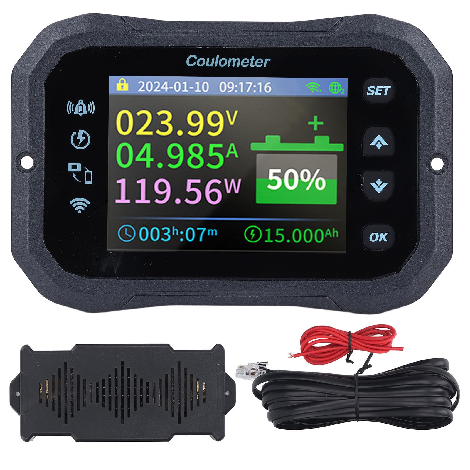 monitor WiFi Bluetooth per batteria, monitor LCD da 2,4 pollici per capacità batteria camper, 10-100V 400A con shunt, app di monitoraggio remoto per litio, lifep o4, sistemi solari
