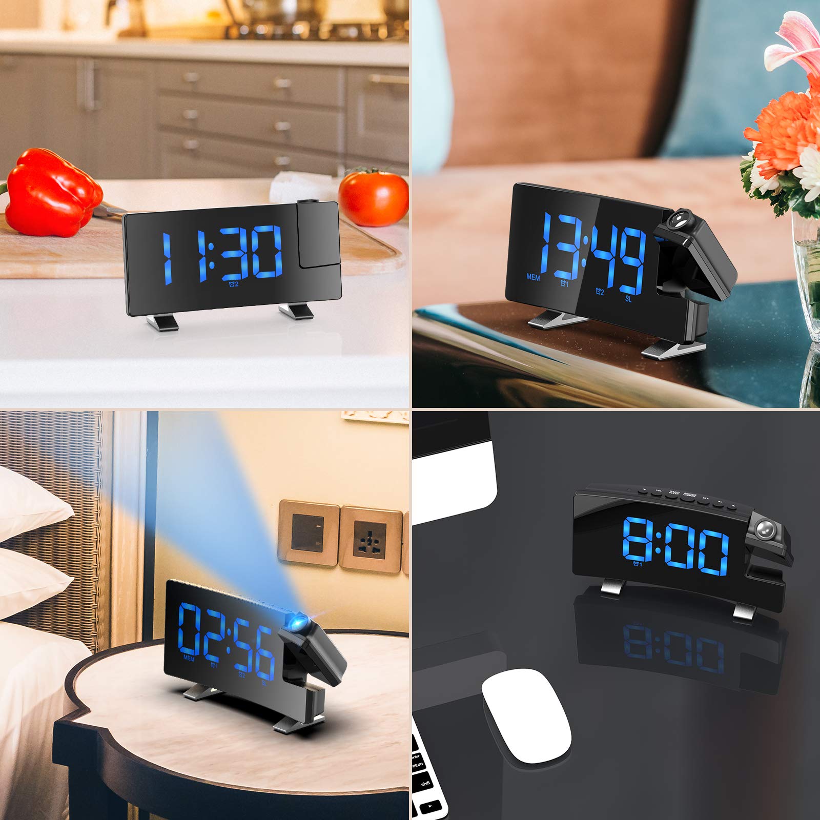 TAKRINK Sveglia con Proiettore Radiosveglia Digitale da Comodino 12/24H Display LED a 180° Luminosità a Proiezione Rotante Regolabile con Sveglie FM Radio 2 e Cavo USB