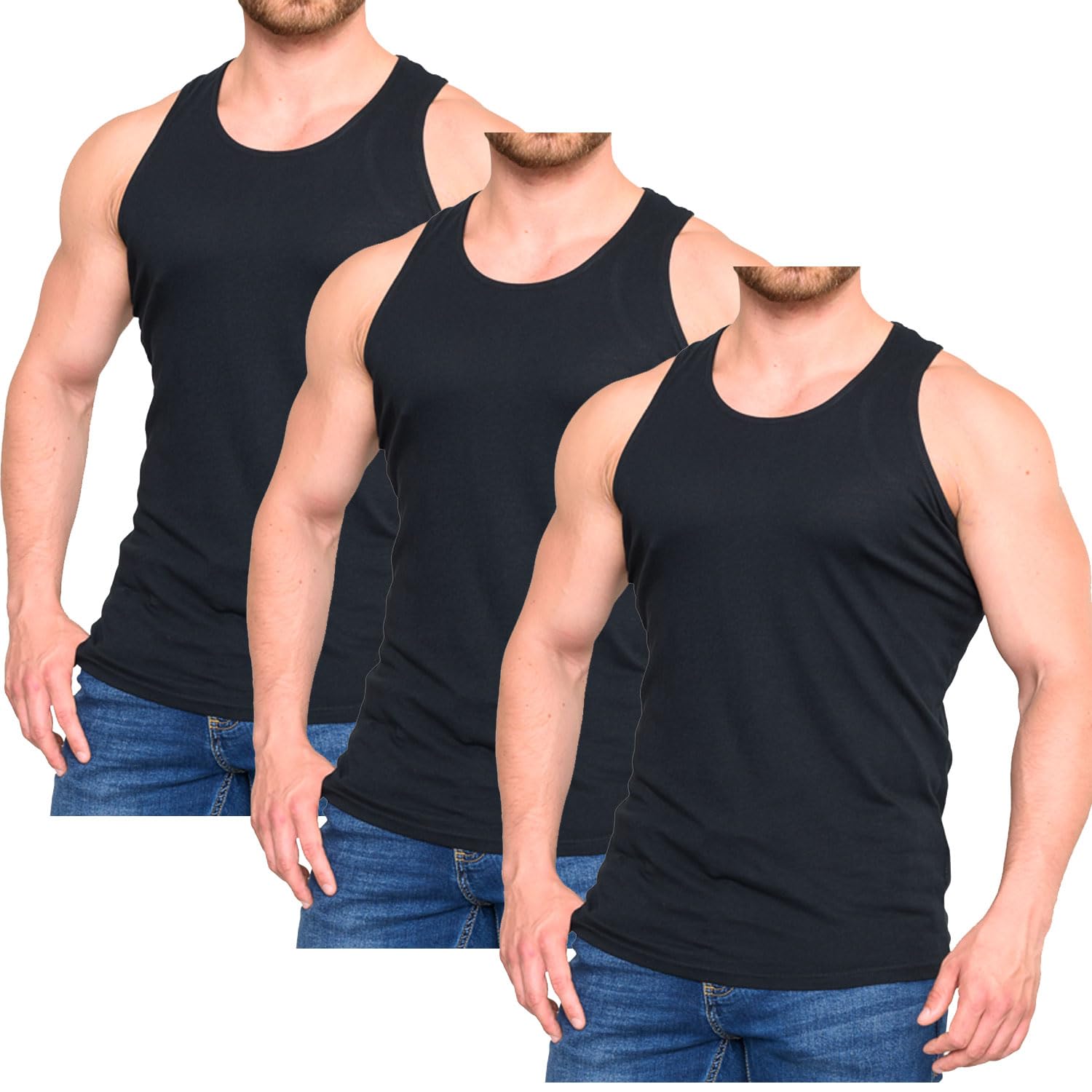 Jeanbase Men's Black Vests 3 Pack & 6 Pack Undershirts Tank Tops Sleeveless Cotton Undershirt Gym Summer Pack Of 3 Vests For Uk 3XL