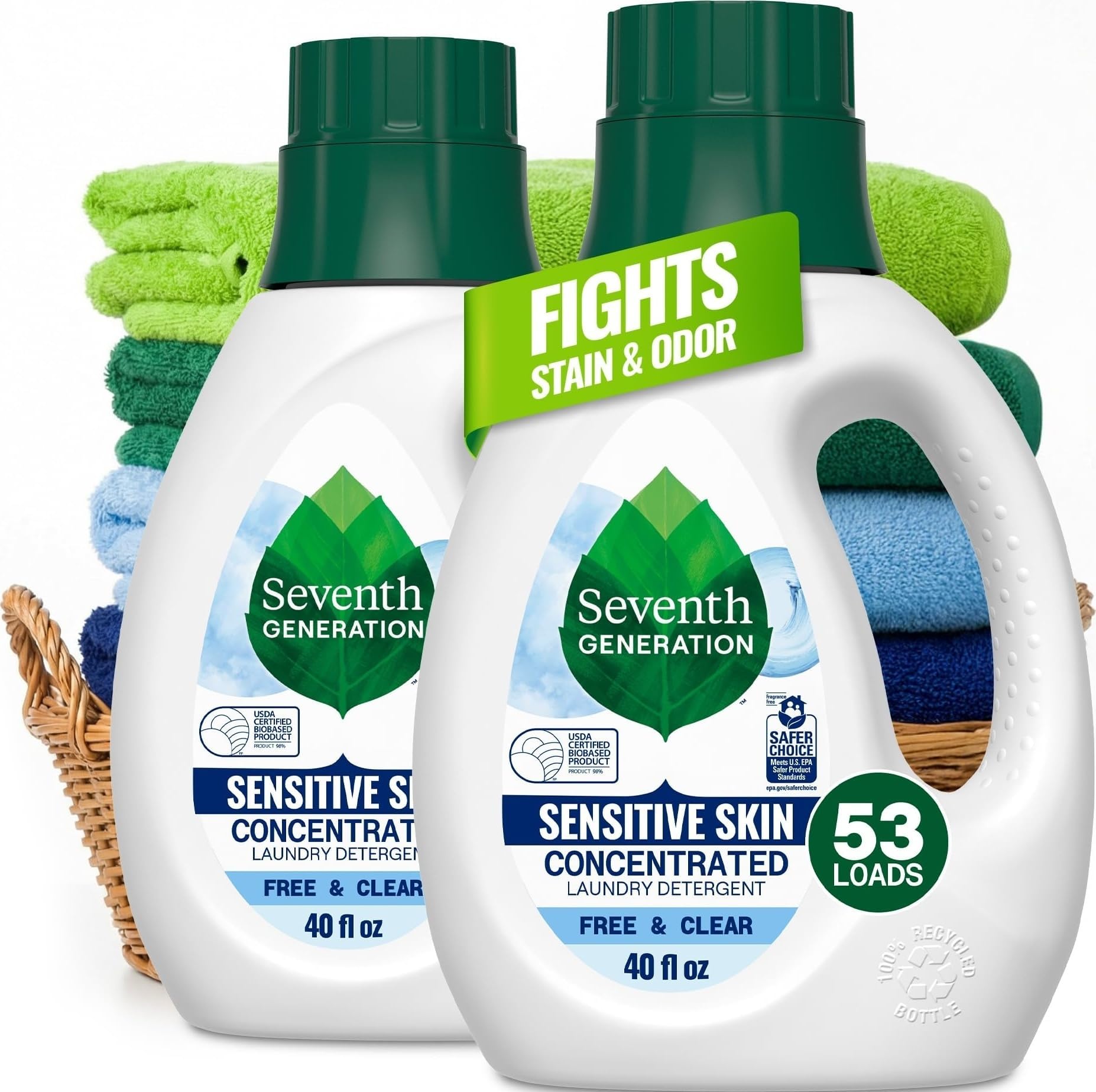 Seventh Generation Concentrated Free & Clear Laundry Detergent, 40 oz, Pack of 2, No Dyes or Fragrance, Sensitive Skin Liquid Laundry Soap Targets Stains and Everyday Messes With Biobased Formula