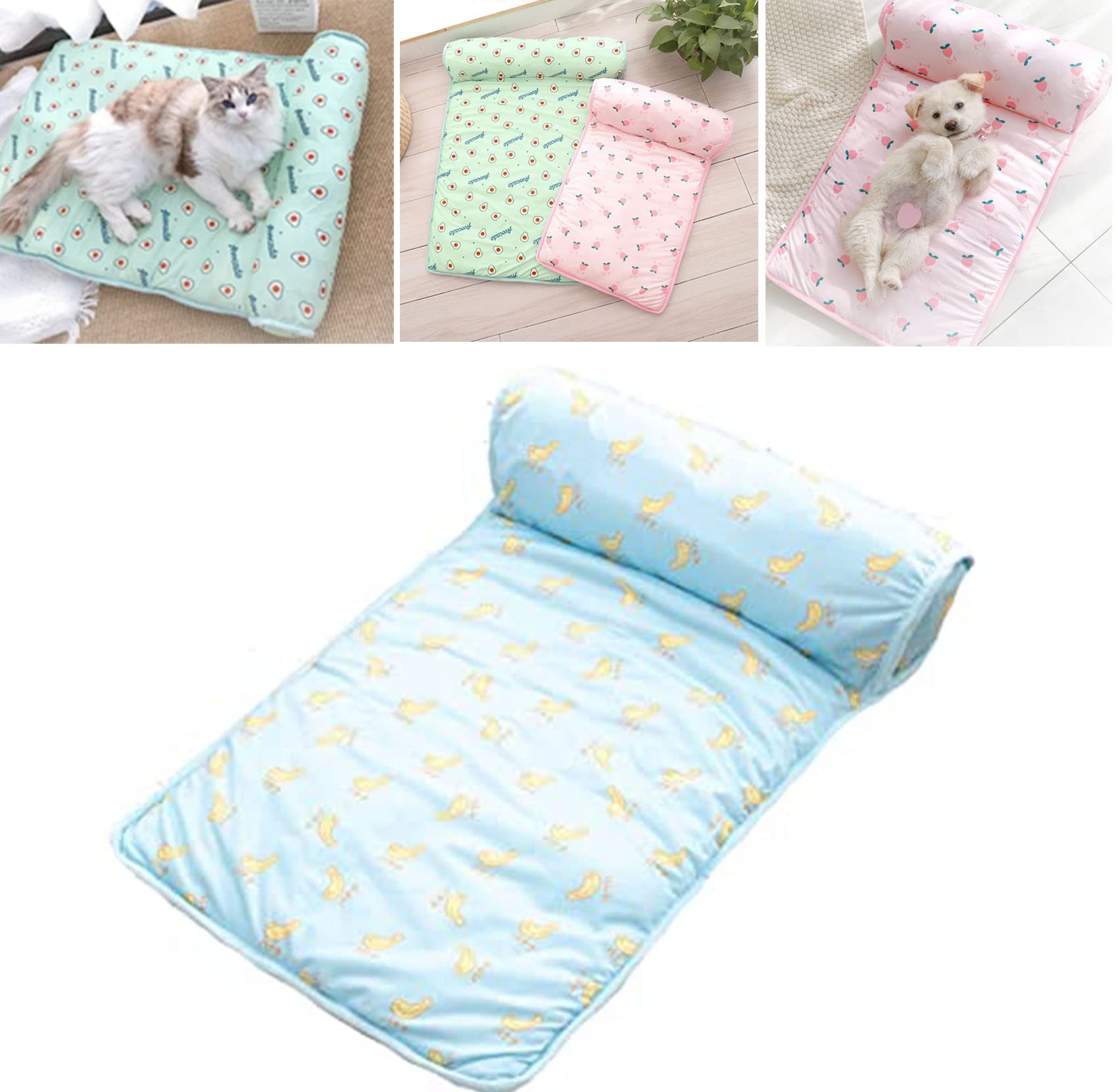 Cats/Dogs Cooling Bed, Cooling Mat for Dogs Cats, Pet Cooling Bed, Ice Silk Summer Pet Cooling Mat with Pillow, Cooling Bed for Cats Dogs, Washable Foldable Pet Cooling Pad Bed (Blue,L(80*60CM))