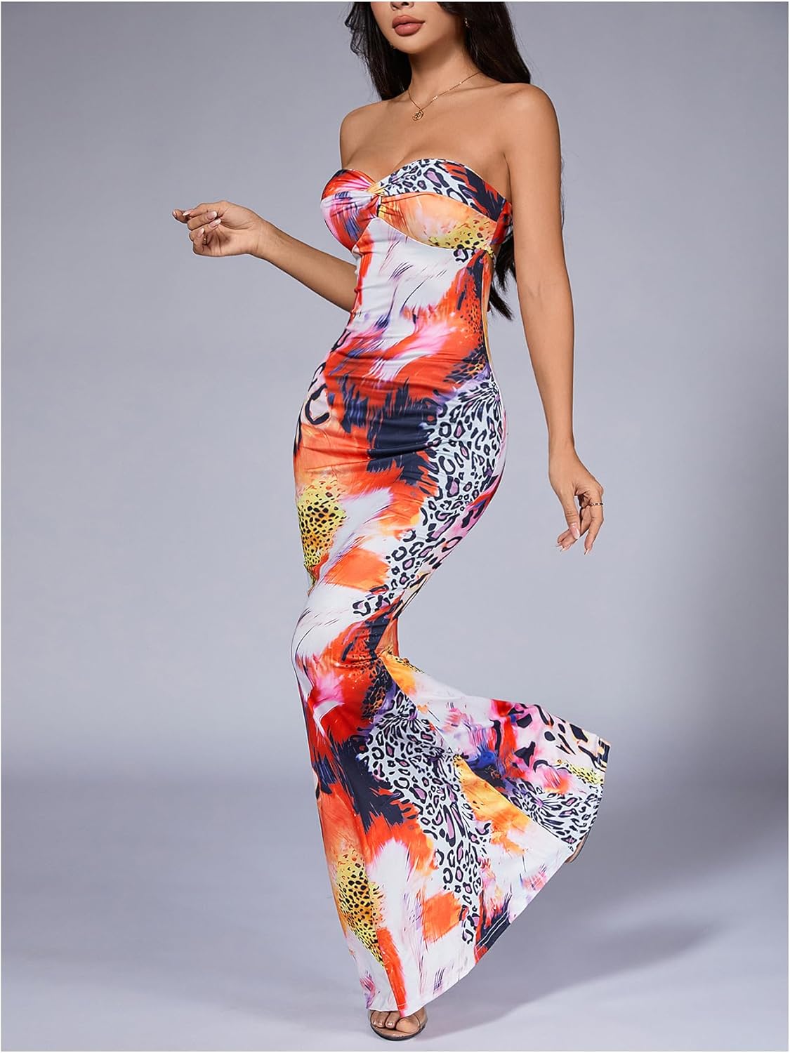 GORGLITTER Women's Cheetah Leopard Strapless Maxi Dress Backless Y2k Animal Print Bodycon Tube Dresses - Image 4