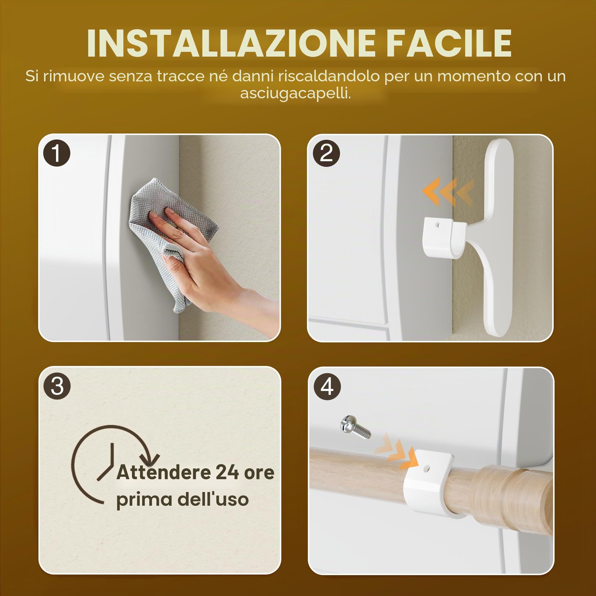 niffgaff Supporto per Bastone Tenda Senza Fori per Cassonetto Tapparella – Fissaggio Autoadesivo, Set da 2 per Bastoni 19–28 mm, Metallo Resistente, Installazione Rapida, Bianco