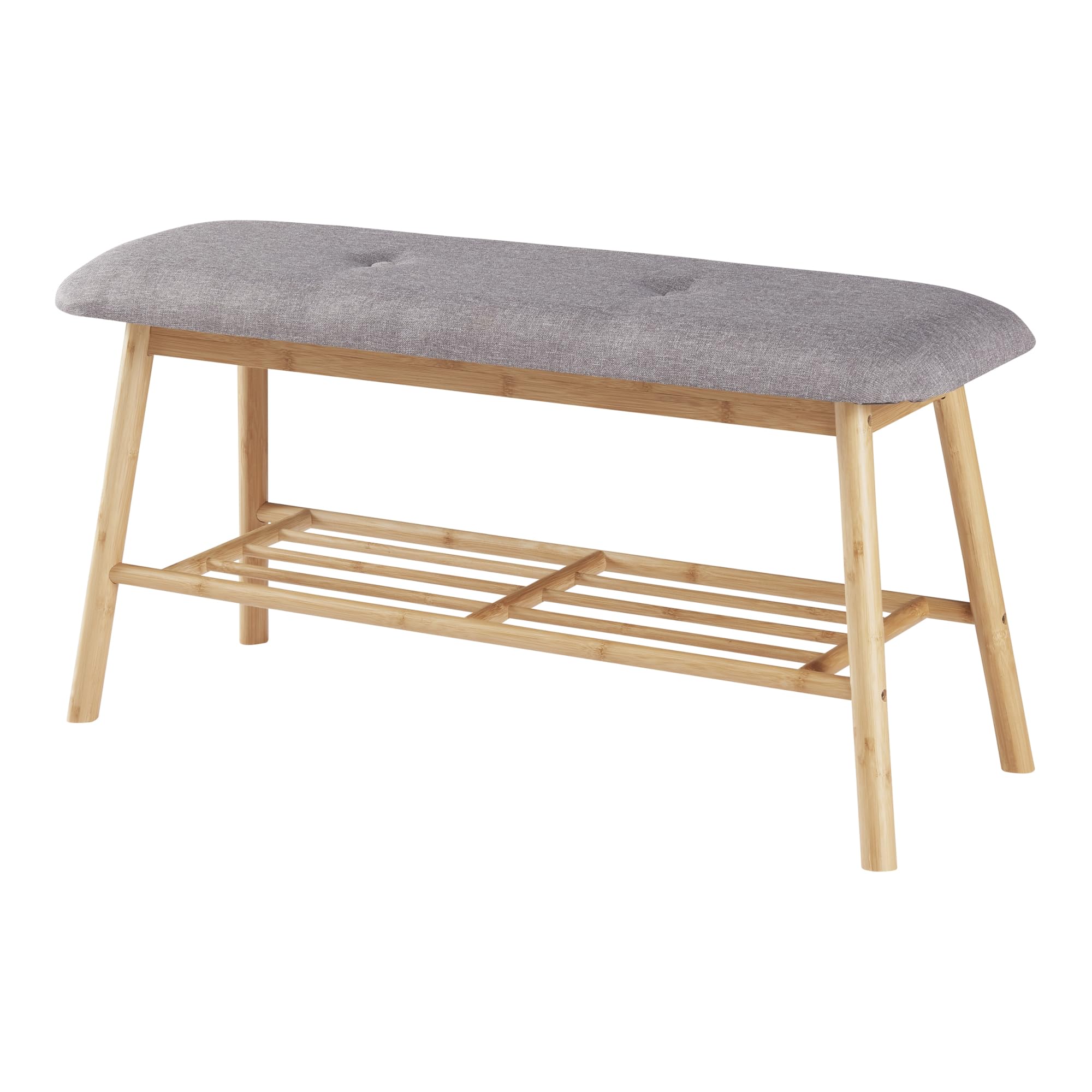[en.casa] Panca Scarpiera Panchina Portascarpe con Seduta Imbottita color Grigio e Ripiano a Griglia per 3 Paia di Scarpe Struttura in Bambù color Naturale