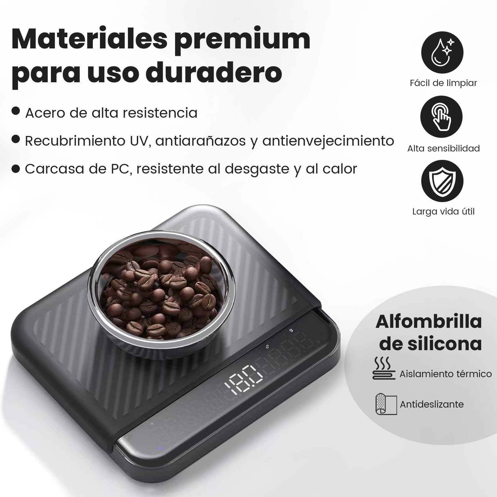 BOOKOO Báscula de Café con Temporizador, Báscula Espresso 0,1 g, 2000 g, 4 Modos, Bluetooth App, Control de Flujo, IP67, Batería 2000 mAh 72 h, USB-C, Espresso y Pour Over, Negra