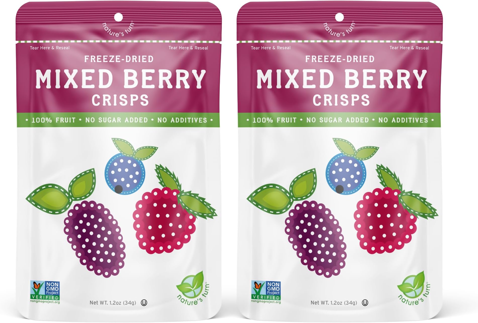Nature's Turn Freeze-Dried Fruit Crisps – Healthy, Gluten-Free, Plant-Based, Crispy & Delicious Snack – Ideal for Cereal, & School On-the-Go Snacks – Mixed Berry, 2 Bags (1.2 oz Each)