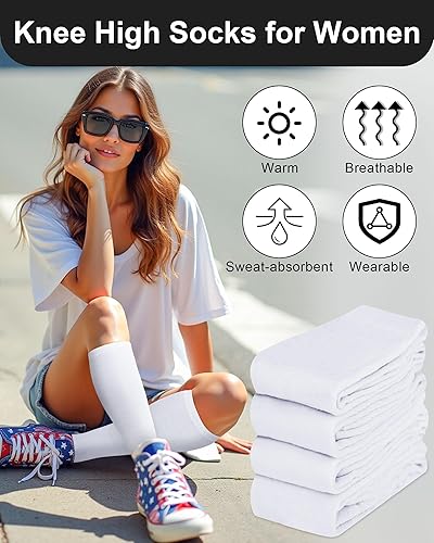 Miniatura 4 de Senker Fashion Calcetines altos hasta la rodilla para mujer, calcetines largos de algodón blanco, medias negras a rayas para botas deportivas al