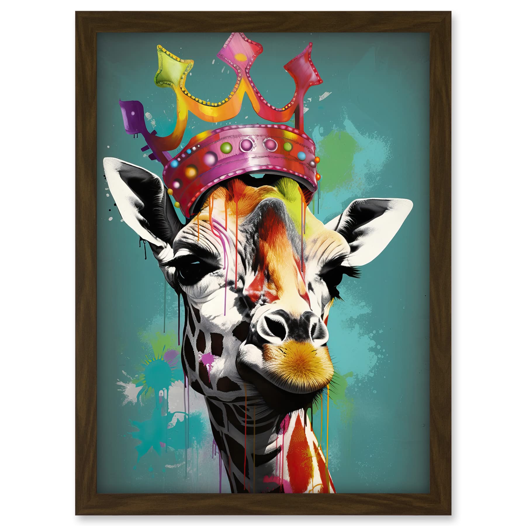 Artery8 Giraffe Wearing Rainbow Crown King Queen Pop Art Artwork Framed A3 Wall Art Print