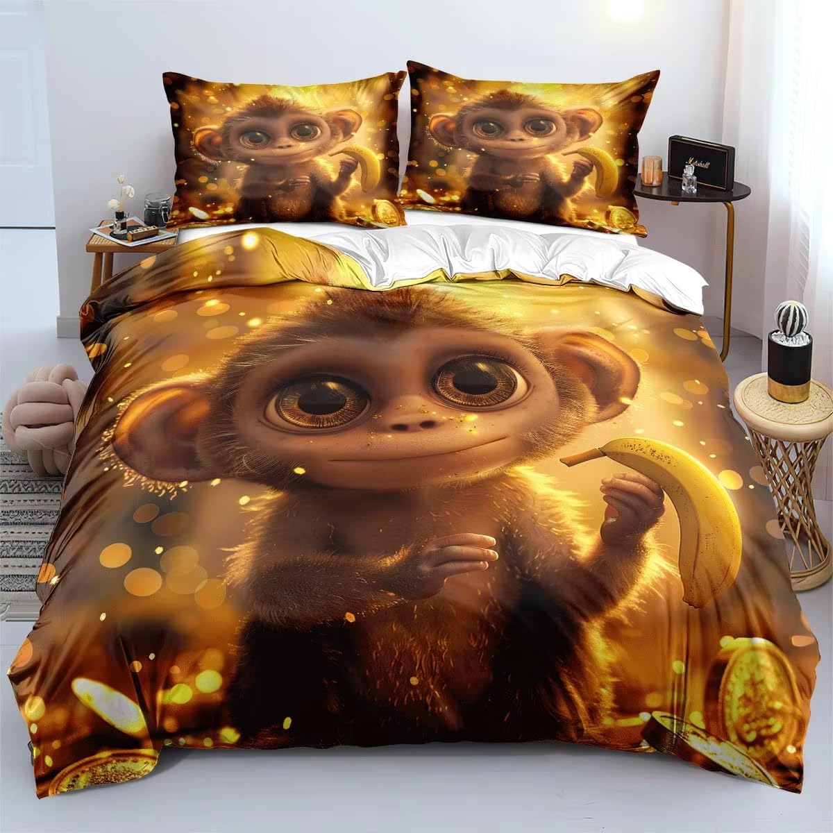 Housse de couette singe 140x200 anti-glissement microfibre respirante
