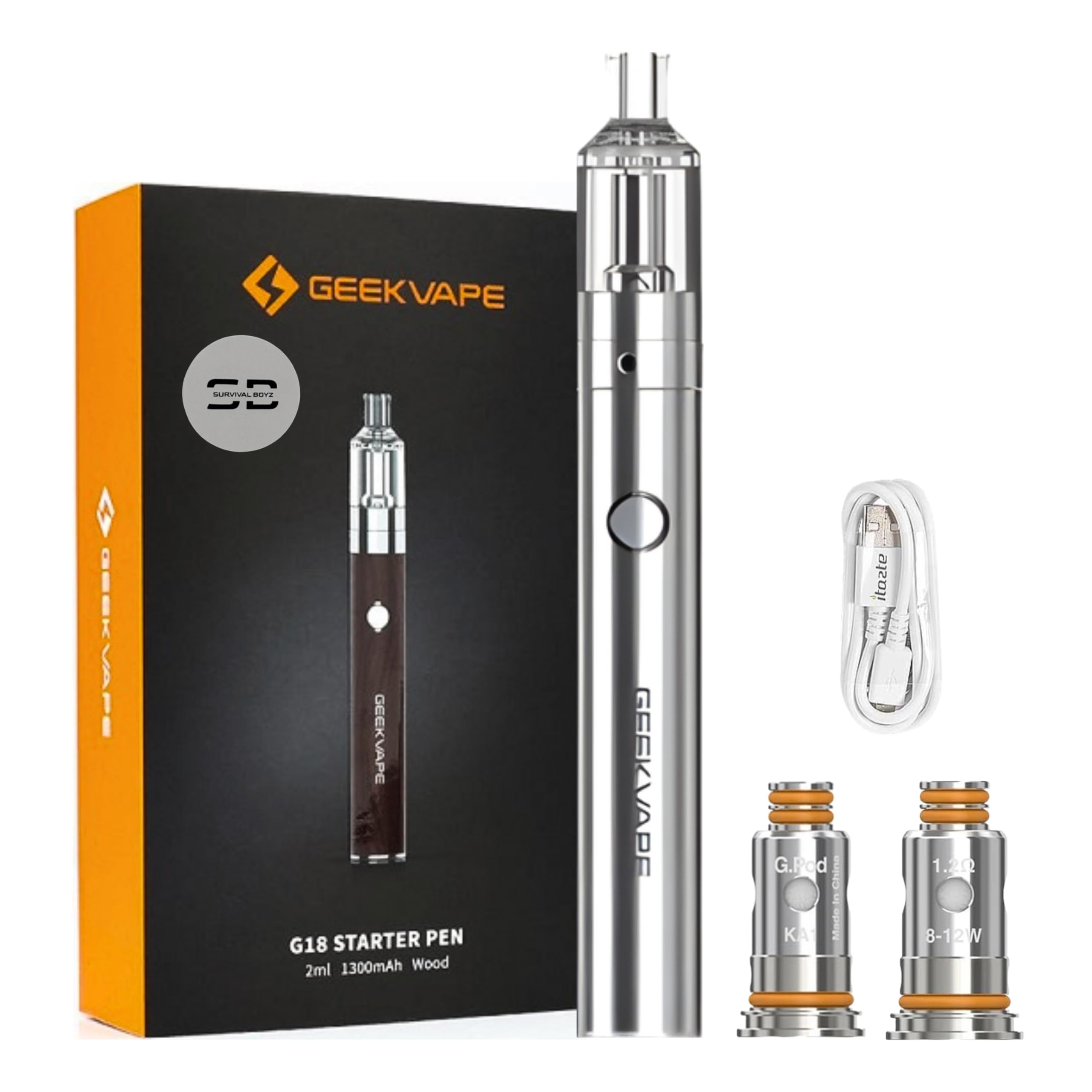 Geekvape G18 Vape Pen Kit [Silver] - Available in 8 colours - Type-C Fast Charge, 1300mAh Battery, 3-Level Adjustable Power, Leak-Proof - Compatible with Geekvape G Series Coils - No Nicotine