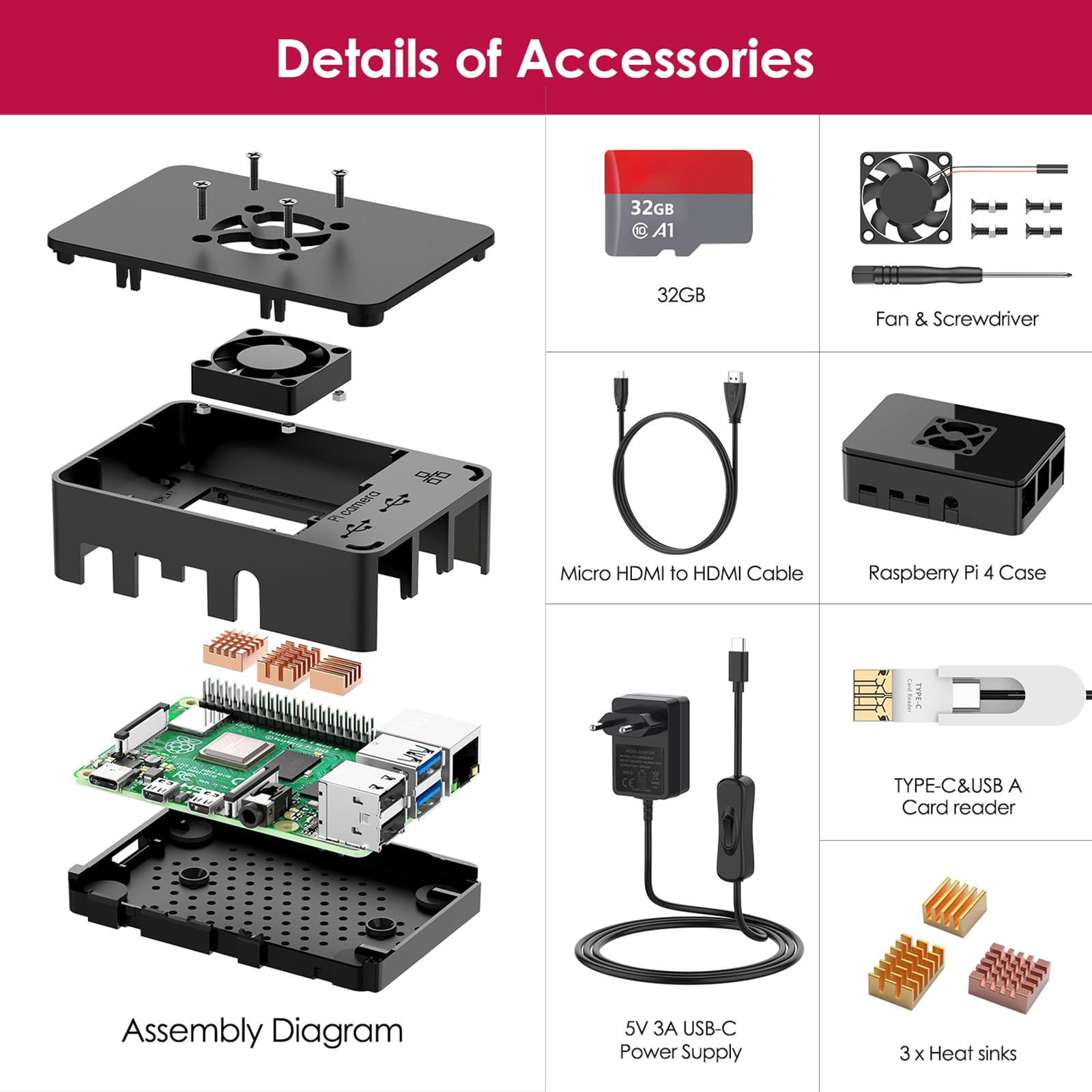 Bqeel Kit Raspberry Pi 4 Model B da 8GB RAM+ 32GB, RPi Barebone con Accessori 1 Cavo HDMI, Alimentatore 5.1V 3A con Interruttore ecc (8G +32G)