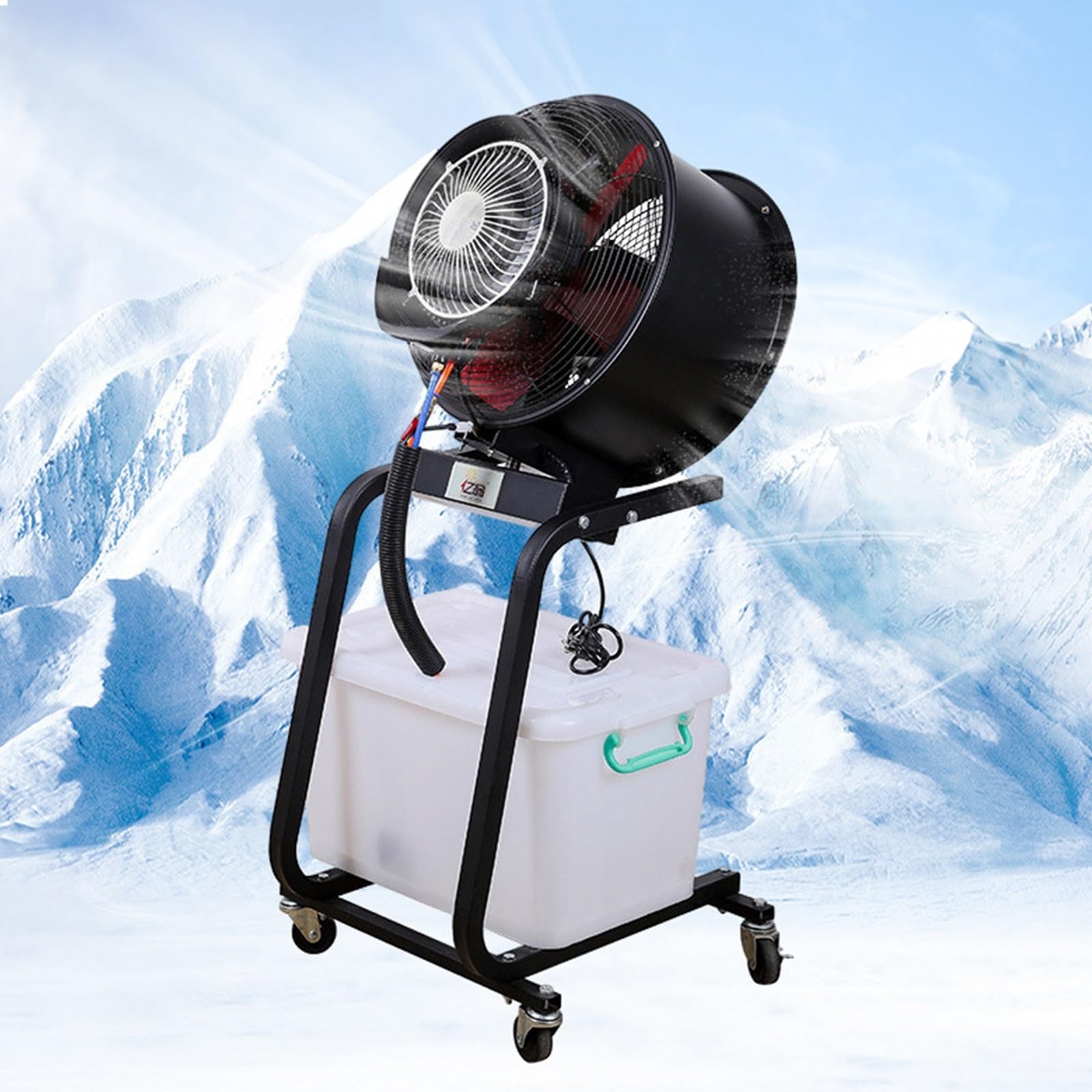Ventilador Nebulizador Industrial Portátil para Uso Comercial | Depósito 50L, Ruedas 360°, Motor de Cobre, Oscilación 90°, Refrigeración Exterior y Comercial