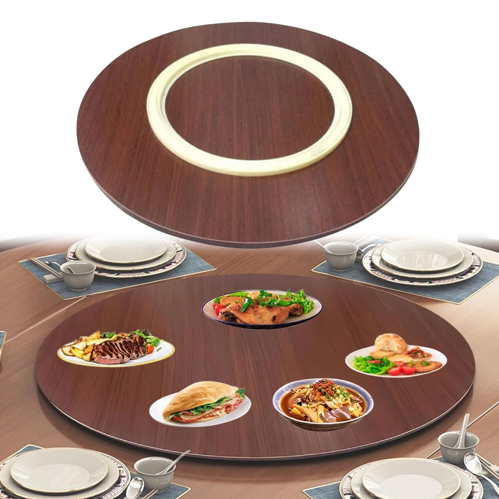 Drewniana taca do serwowania Lazy Susan, okrągły talerz obrotowy o 360°, na stół jadalny, Ø 50-90 cm, duży, cichy serwer, idealny na imprezy i spotkania rodzinne (czerwono-brązowa Ø80 cm)