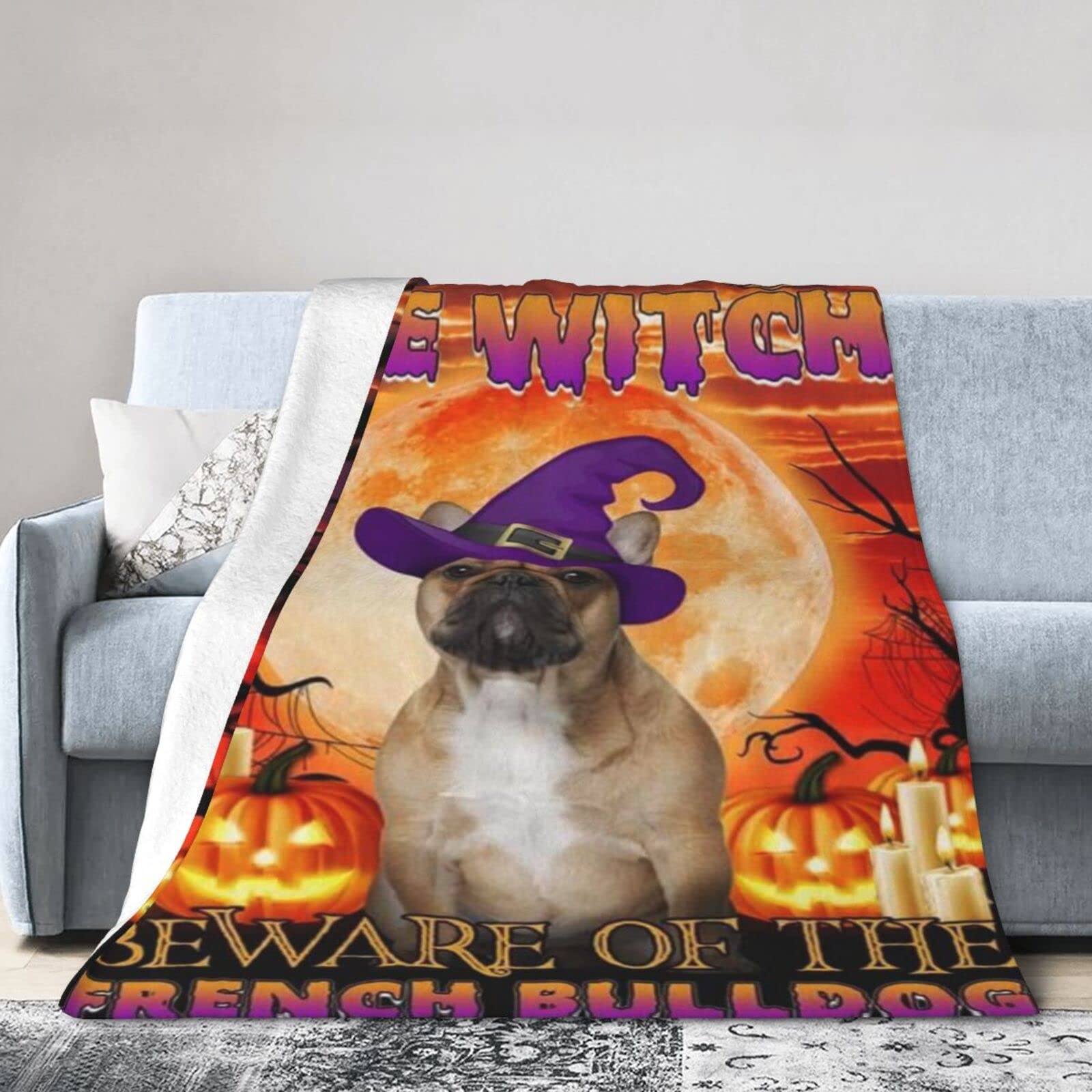Lsjuee Flannel Fleece Blanket 60"X50" French Bulldog Halloween Beware of The Bulldog Bed Throw Blanket Funny Ultra-Soft Travel Winter Blankets for Girls Keep Warm