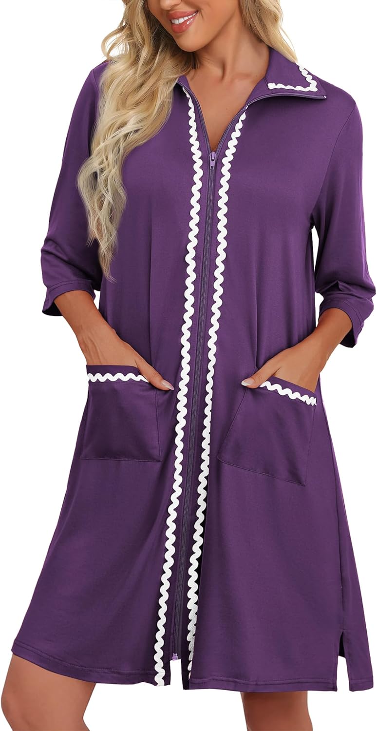 Ekouaer Women Zipper Robe Lightweight House Coat Zipper Front Short Bathrobes Soft Nightgown with Pockets S-3XL