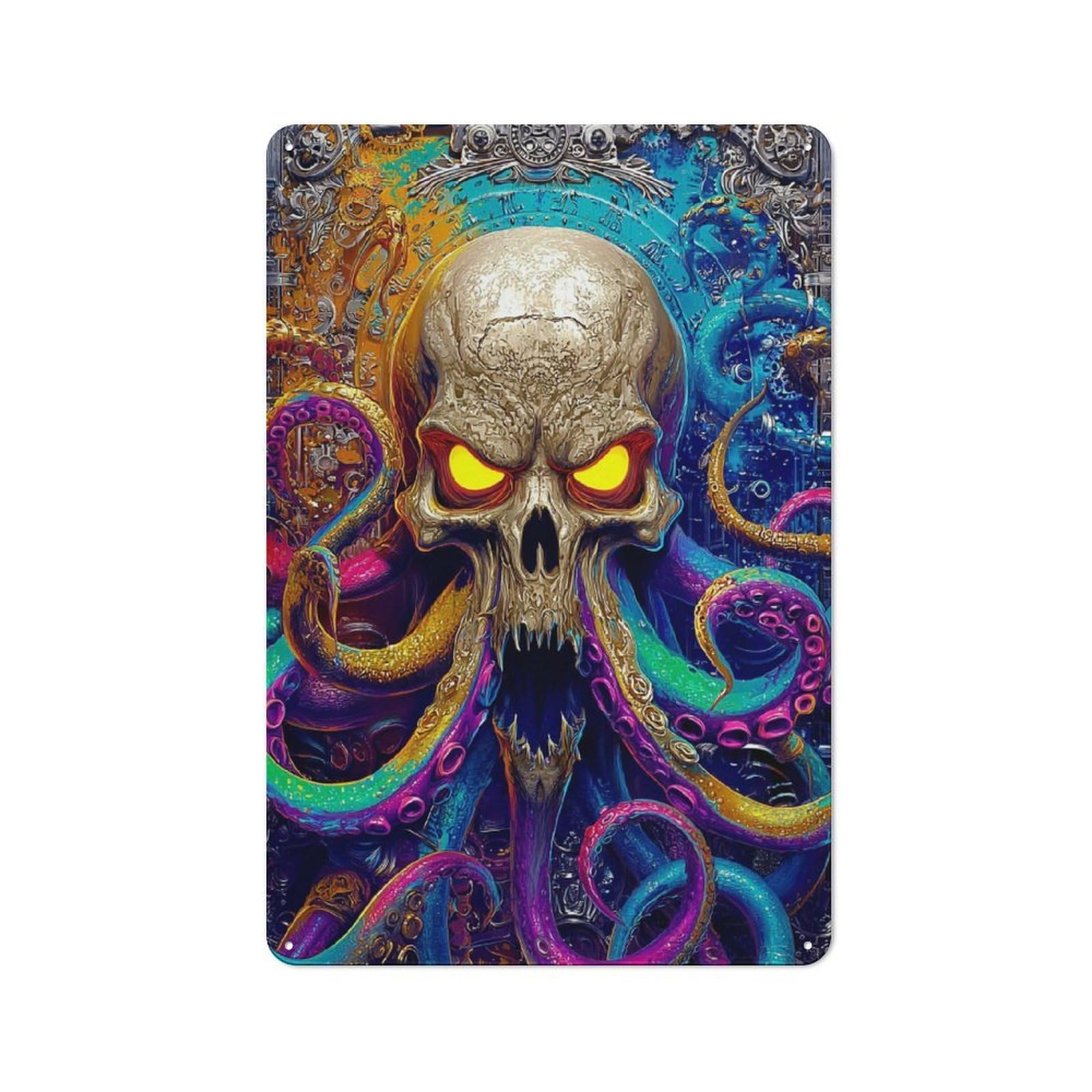 Junmoney Steampunk Skull With Tentacles Character Decorative Tin Plaque 30X20cm Featuring Small Space Decor For Bedroom, Kitchen, Office Or Living Room