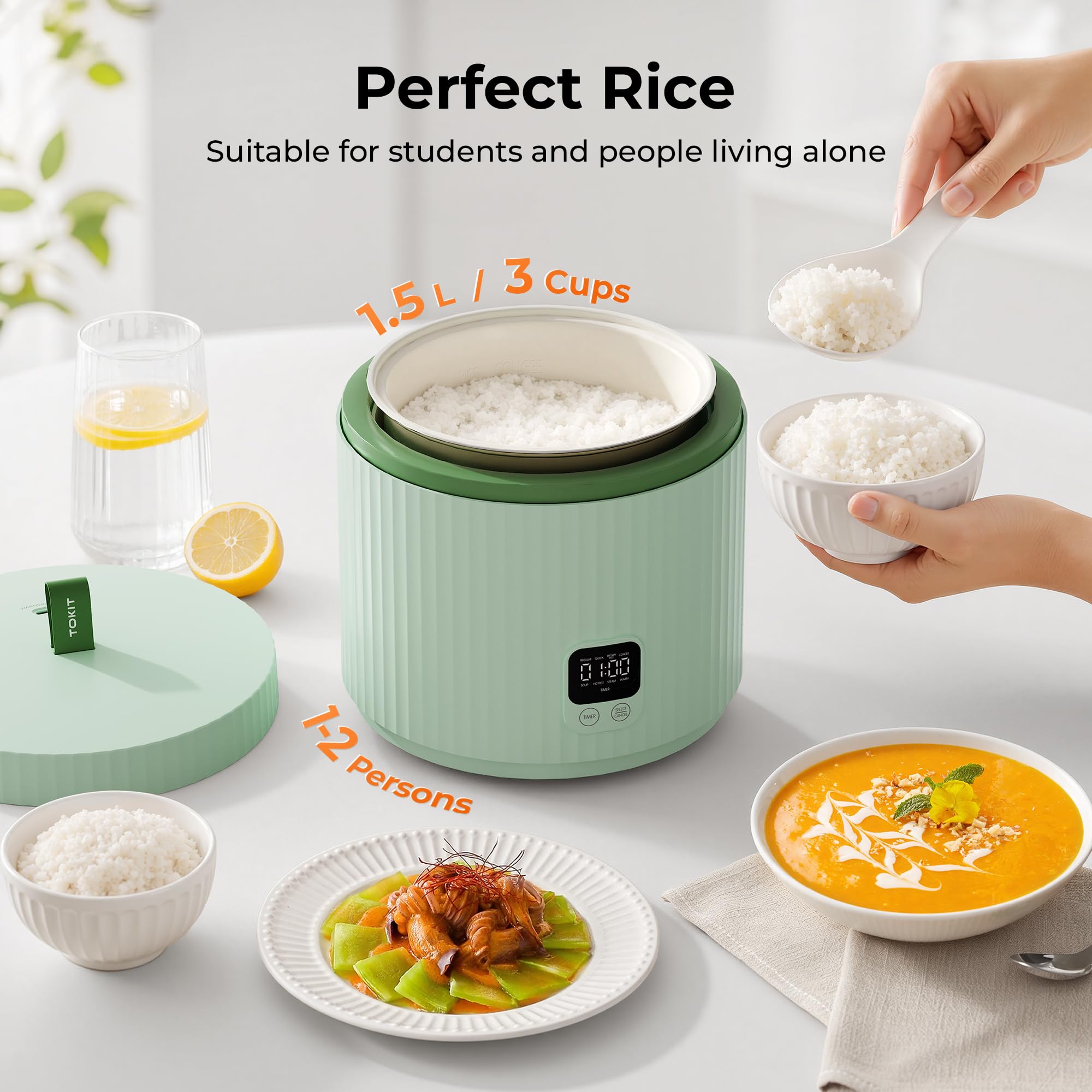 TOKIT Cuociriso Mini 1.5L, Cuociriso Elettrico Multifunzione con Riscaldamento a Induzione IH, Rivestimento Antiaderente Ceramico, 350W per 1-3 Persone, 5 Programmi, Verde