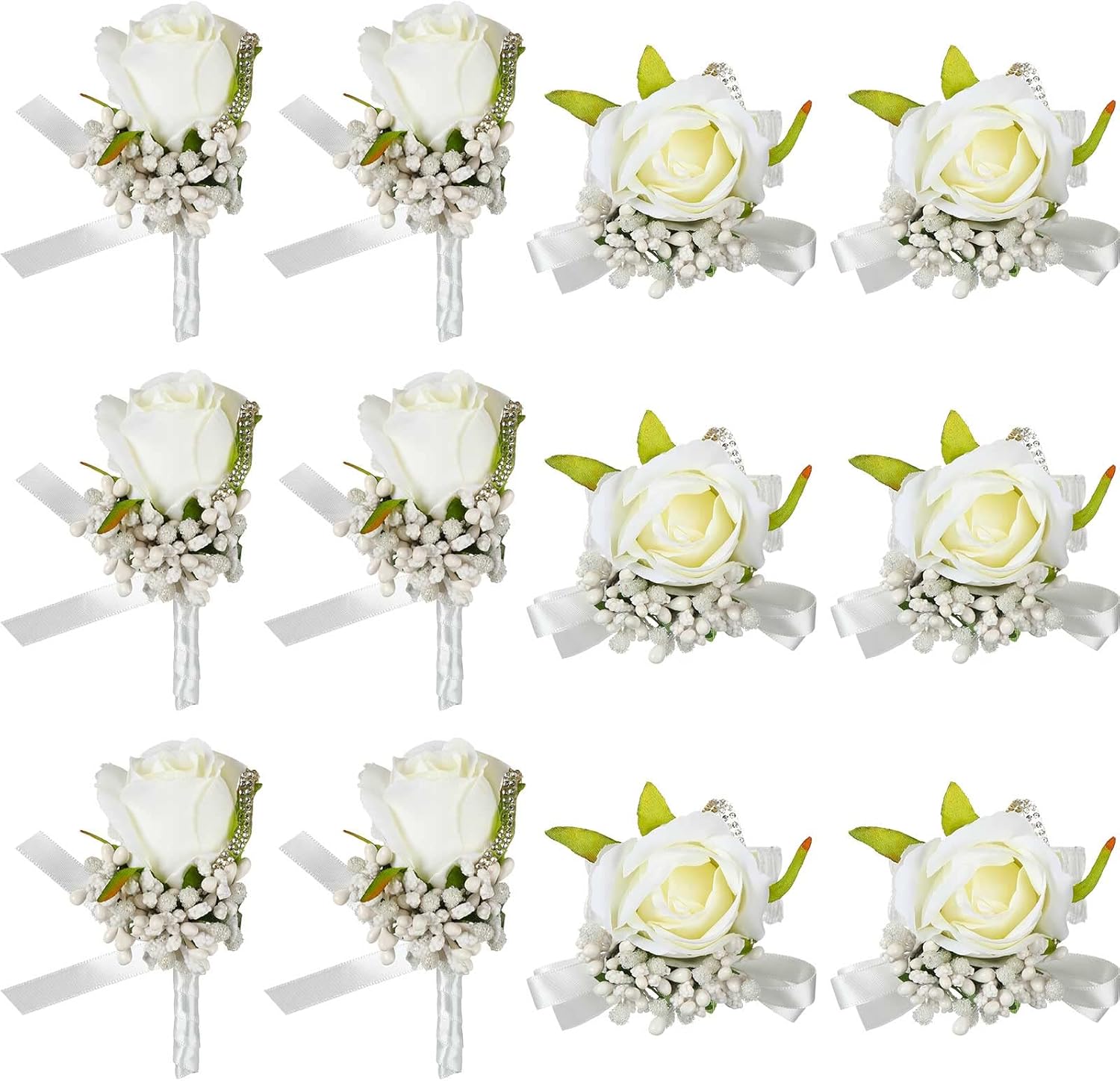 Geosar 12 Pcs Wedding White Corsage and Boutonniere Set for Bride, Bridesmaid, Includes 6 Artificial Corsage Wristlet and 6 Boutonniere for Men Wedding Wrist Corsage Rose Prom Suit Decorations