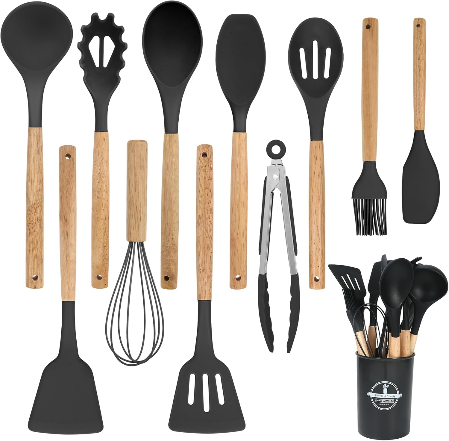 Amazon.com: 12-piece silicone kitchen utensils set with wooden handles ...