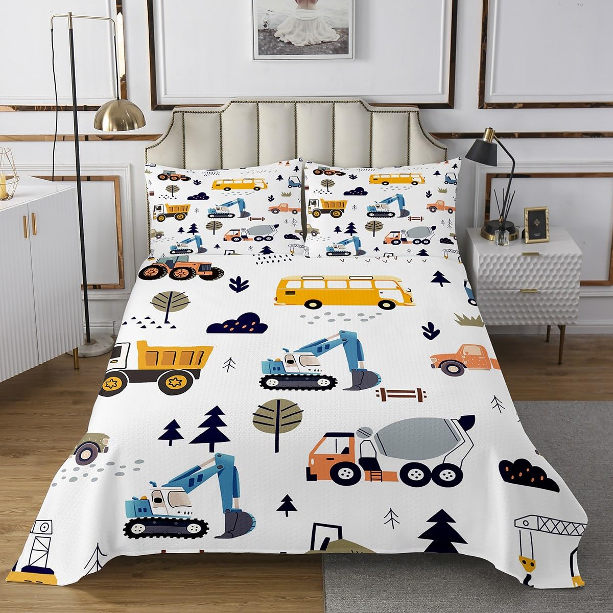 Trucks Bedspread Twin Size,Excavator Loader Crane Bedding Coverlet for Kids Teens Bedroom Decor,Machinery Vehicle Cartoon Cars Bedding Set 2Pcs,1 Pillowcase