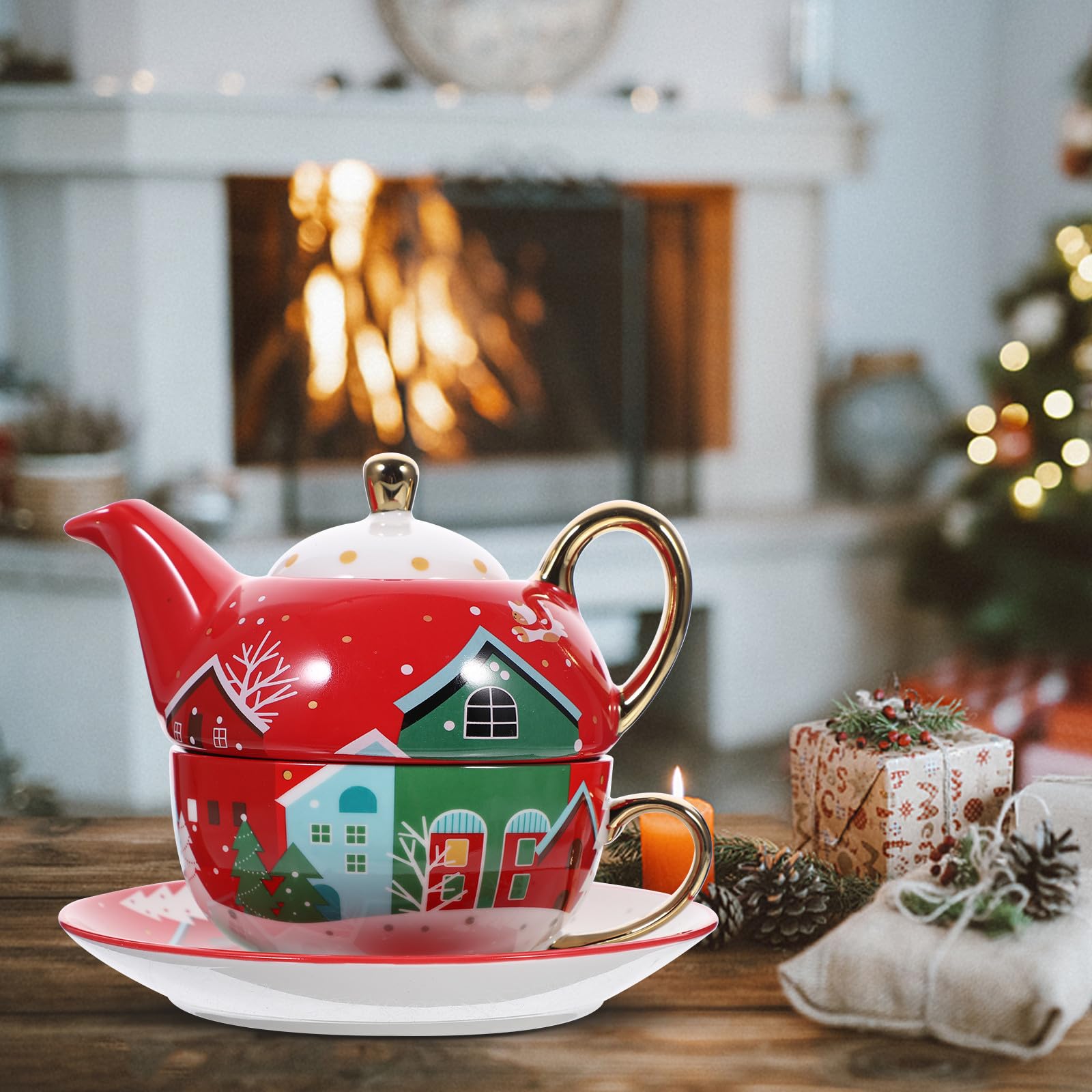 Hemobllo Juego de Té Navideño de Cerámica Tetera, Taza y Plato