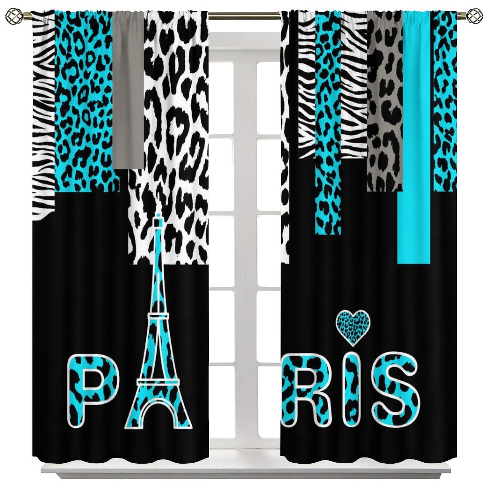 KANEPE Paris Eiffel Tower Curtains, Bright Blue Grey Wild Animal Zebra Leopard Print Window Treatments, Rod Pocket Thermal Insulated Drapes 2 Panel Sets for Bedroom Living Room, 42