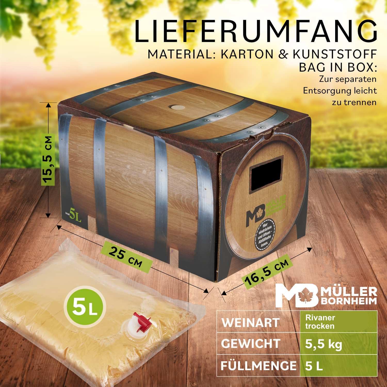Weinhaus Müller Bornheim Weißburgunder halbtrocken 5L Bag in Box Pfalz | Zapfhahn für sauberes Portionieren – wochenlang frisch, bruchsicher, CO₂-sparende Verpackung