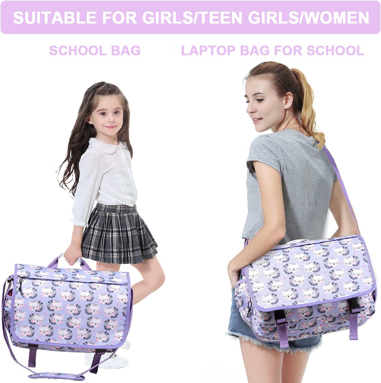 VASCHY Messenger Bag for Kids, Cute 15.6inch Laptop Crossbody School Bag for Boys Girls Teens Women