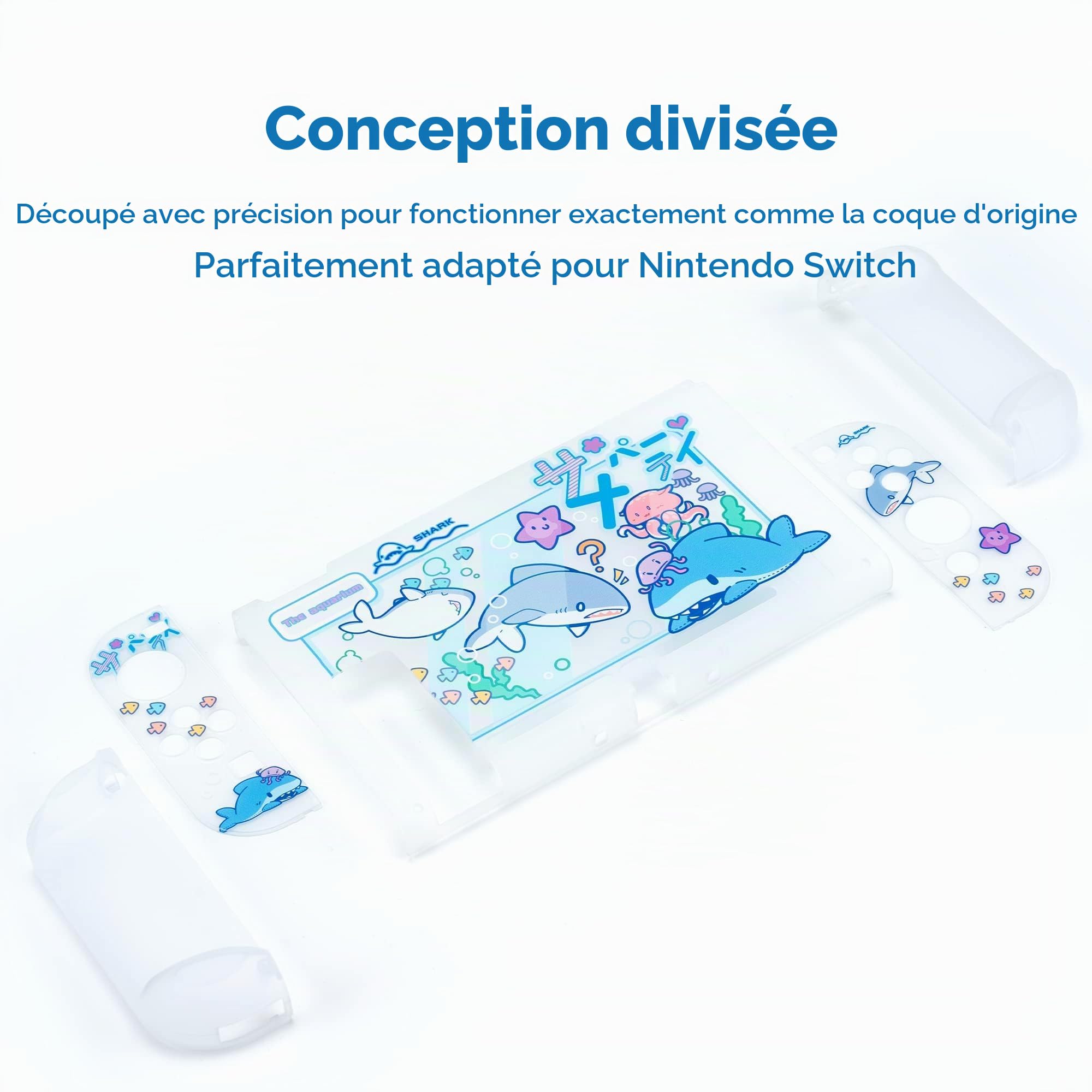 GeekShare Coque de Protection Fine Compatible avec Switch Uniquement – Absorption des Chocs et Anti-Rayures pour Switch – Shark Party (Transparent)