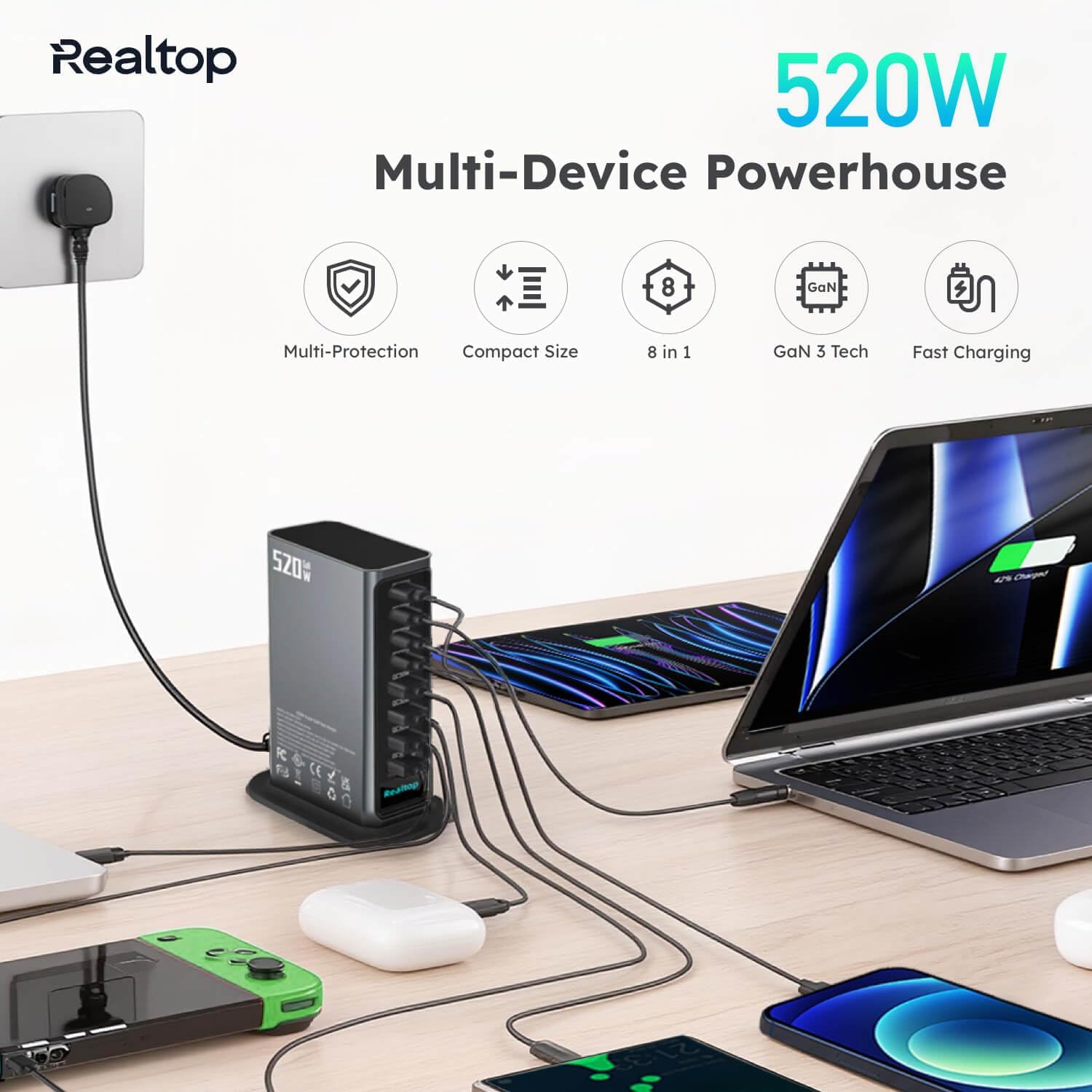 520W USB C Charging Station, 8-Port GaN Fast Type C Charger Block, Wall Charger, Multiport Desktop Power Hub for MacBook Pro, MacBook Air, iPhone 16/15, iPad, Samsung