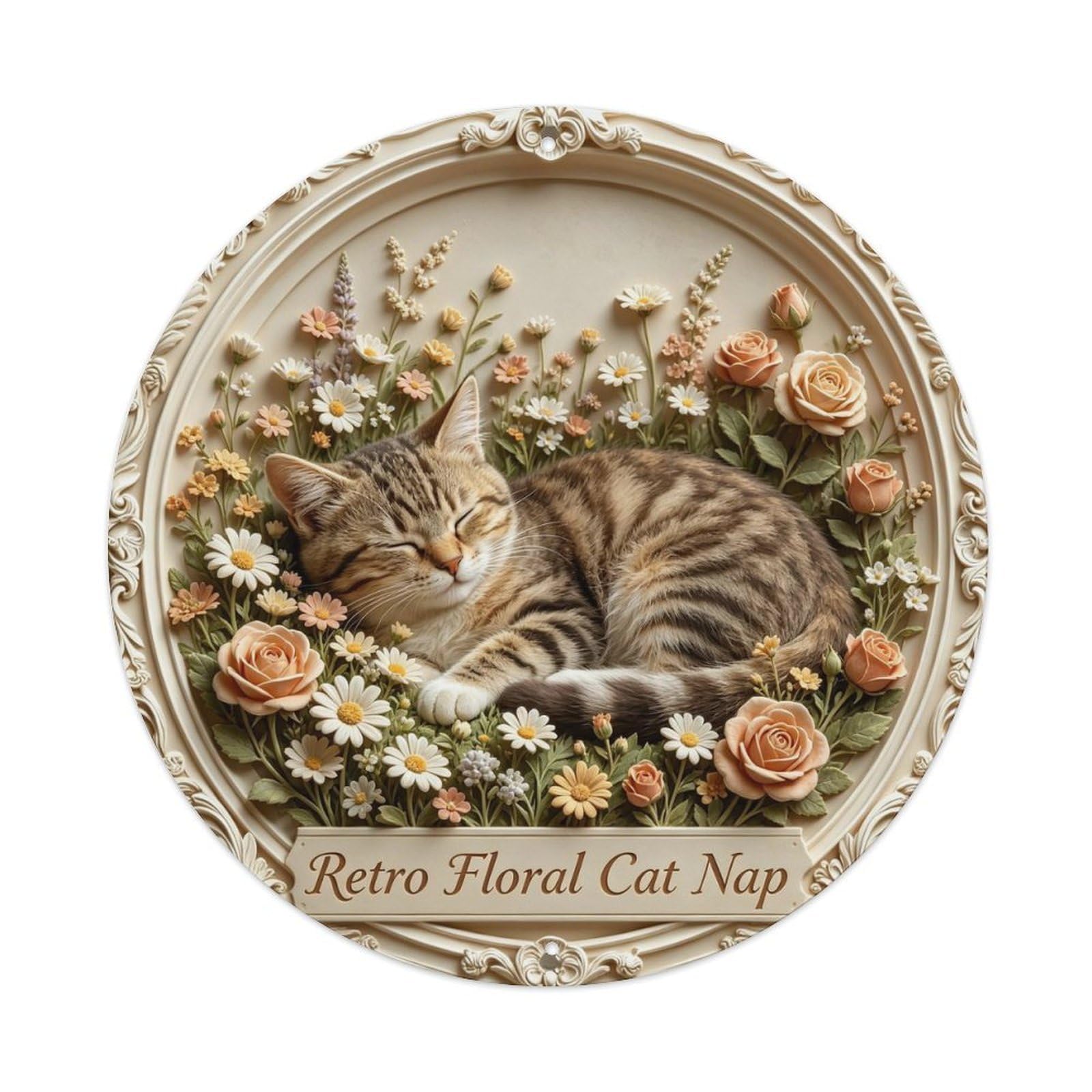 Retro Floral Cat Nap Metal Tin Sign Plaque
