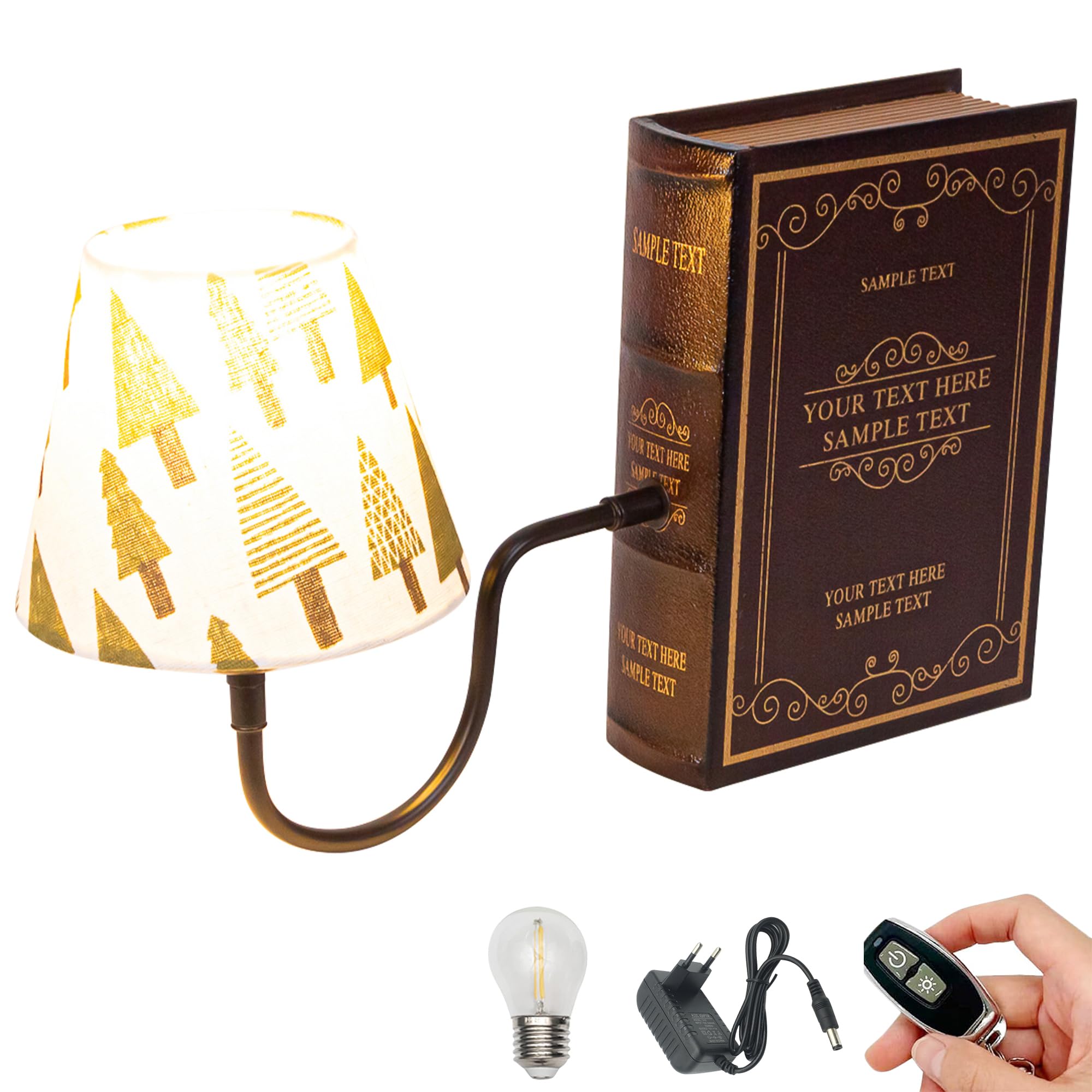 LED Buchlampe mit Fernbedienung, Vintage Dimmbar Nachttischlampe mit Stoffschirm 1xE27-Fassung, Wiederaufladbare Tischlampe Zeitschaltuhr für Nachttisch Beistelltisch -DZ0031