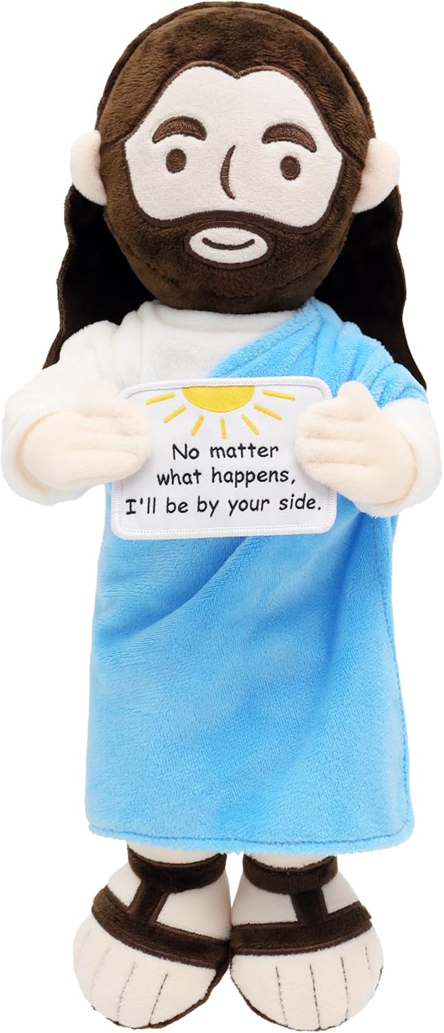 Yelakey Jesus Plush 13.4 inch Stuffed Jesus Doll with Positive Card Religious Easter Gift for Kids, Baptism, Sunday School (Blue)