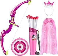 Vista 1 de Arco y flecha para niños, juego de tiro con arco con luz LED con capa de princesa y corona, 10 flechas de ventosa, objetivo y carcajes, juguete al