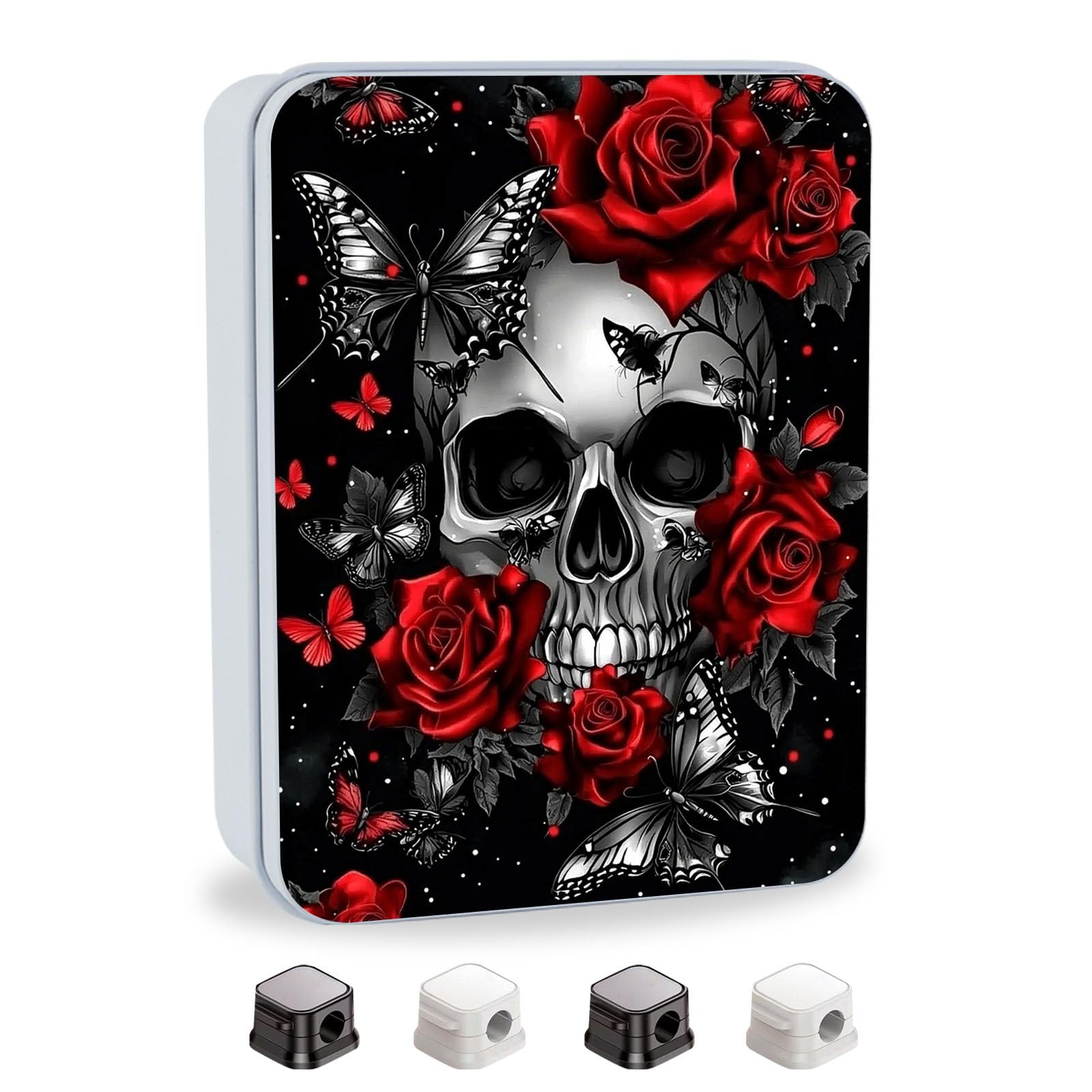 Metal Tin Box with Lid,Multi-functional Storage Box Can Store Tea Biscuits Game Cards, Playing &amp; Tarot Cards-Comes with 4 Magnetic Cord Clips,Skull Roses Butterfly