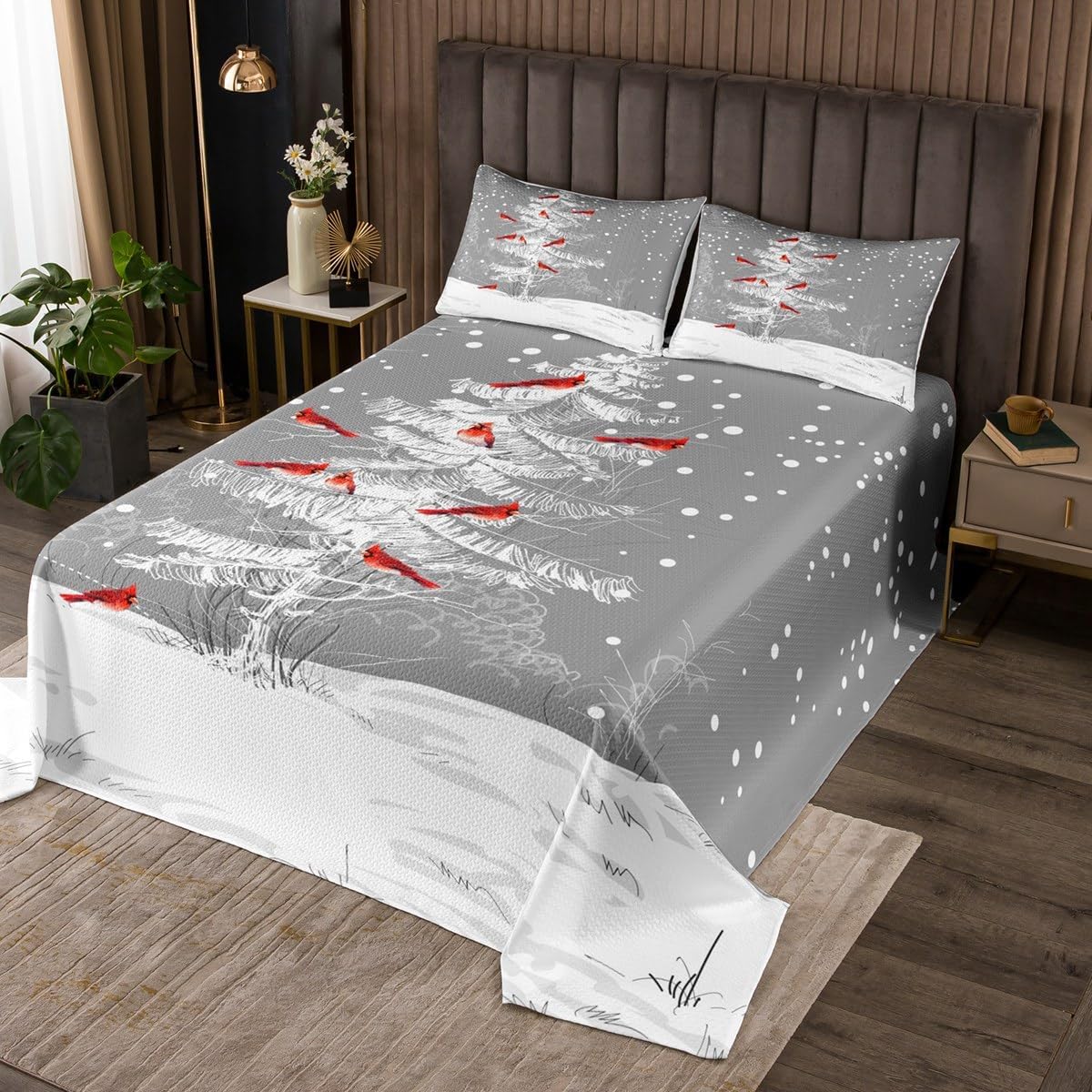 Winter Holiday Theme Christmas Coverlet Set Snowflakes Cardinals Bird Bedspread For Kids Boys Girls Children Snowy Christmas Tree Quilted Coverlet Unique New Year Quilted Bedroom Collection Queen Size