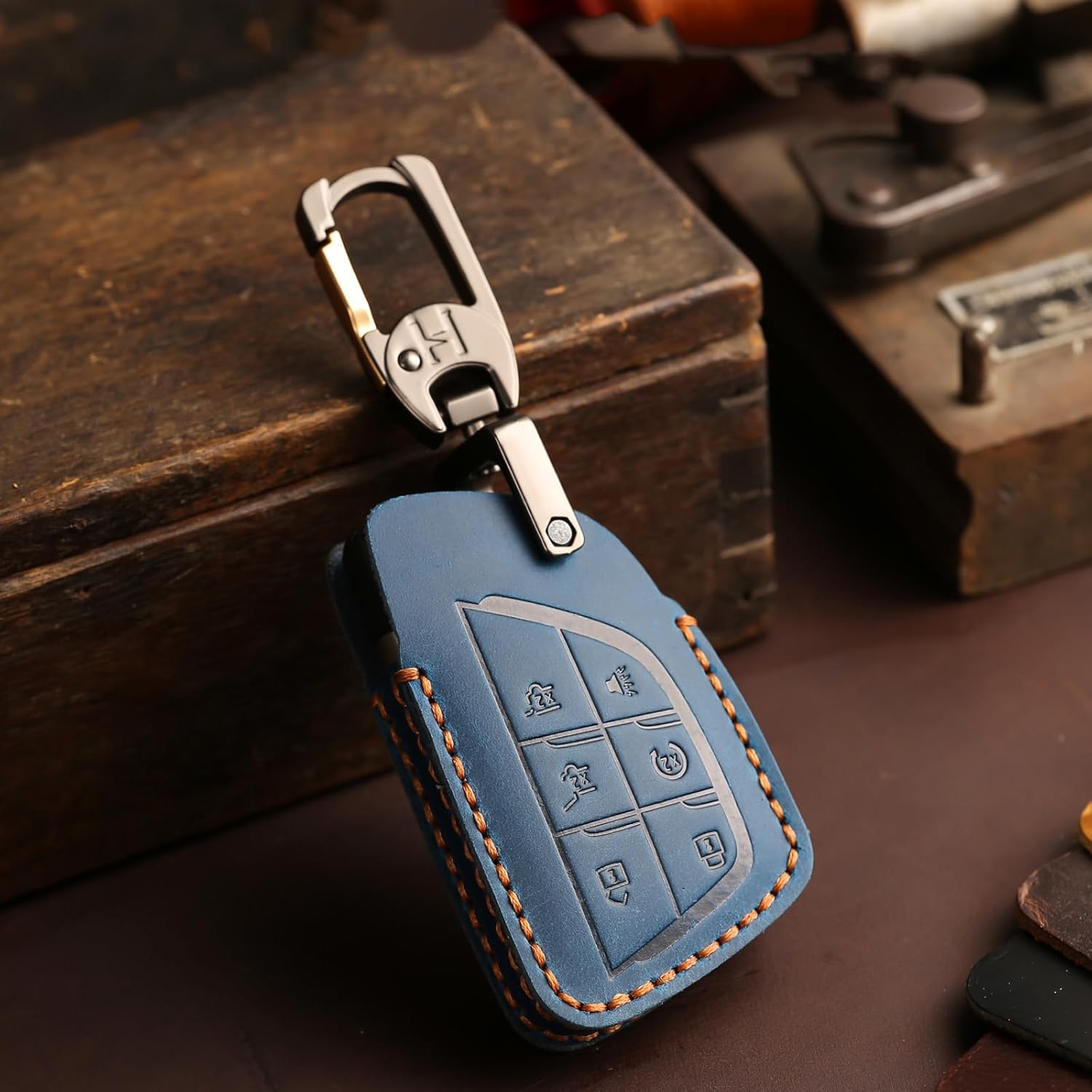 OLLEN Genuine Leather Key Fob Cover 2021-2026, Fit for GMC Yukon Denali Sierra Chevy Silverado Suburban Tahoe Buick etc, Leather Smart Remote Key Protector, 6 Buttons, Blue