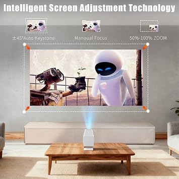 جهاز عرض صغير مزود بشبكة WiFi وبلوتوث،وجهاز عرض ذكي مدعوم بدقة 1080 بكسل مع تطبيقات مدمجة، وشاشة عرض أفلام خارجية مقاس 150 بوصة، وAuto Keystone، وجهاز عرض قصير البعد البؤري.