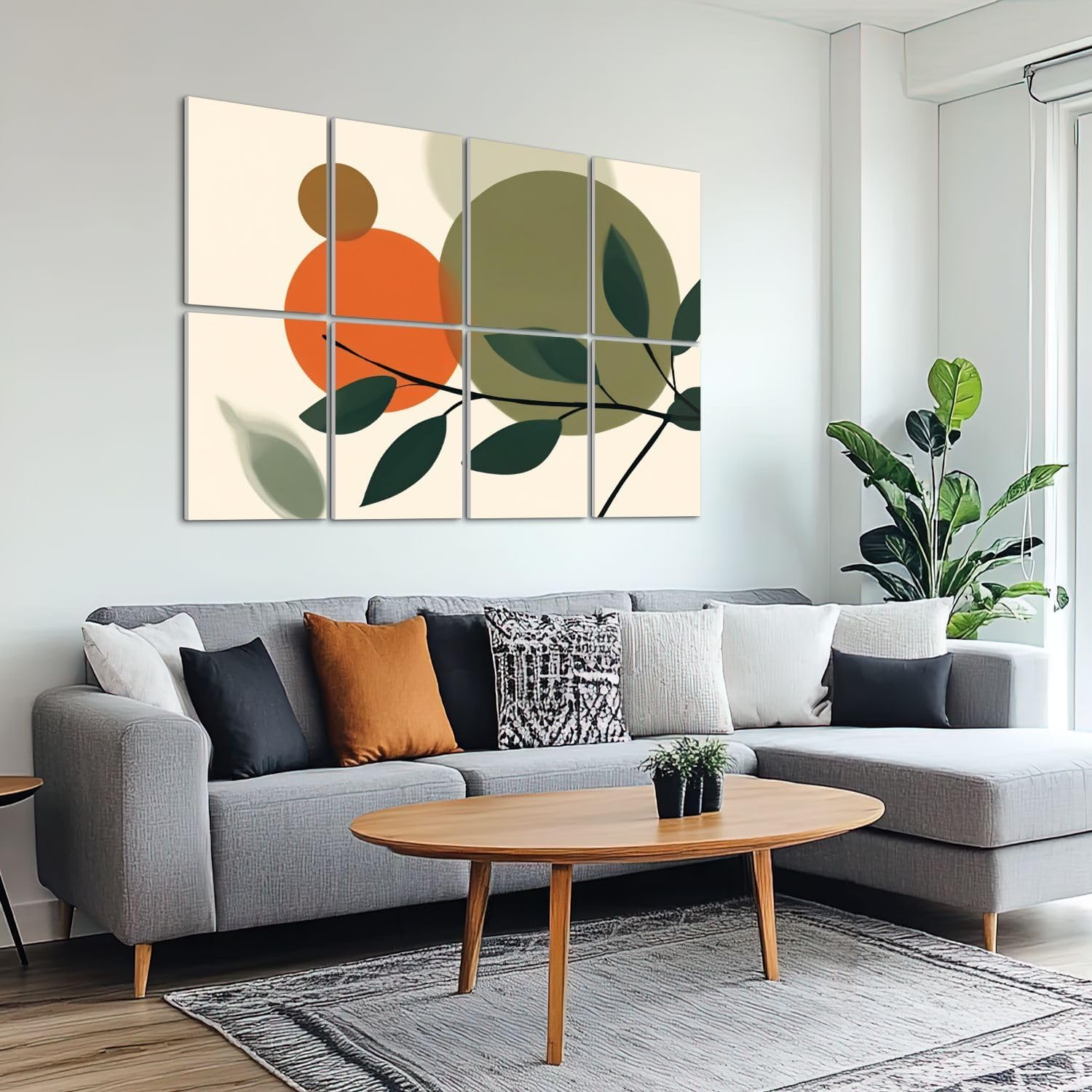 8 Pack Art Acoustic Panels Sound Absorbing Boho Botanical Leaf Orange Green Beige Neutral Abstract Geometric Decorative Soundproof Wall Panels Self Adhesive for Recording Studios Office 48"x32"