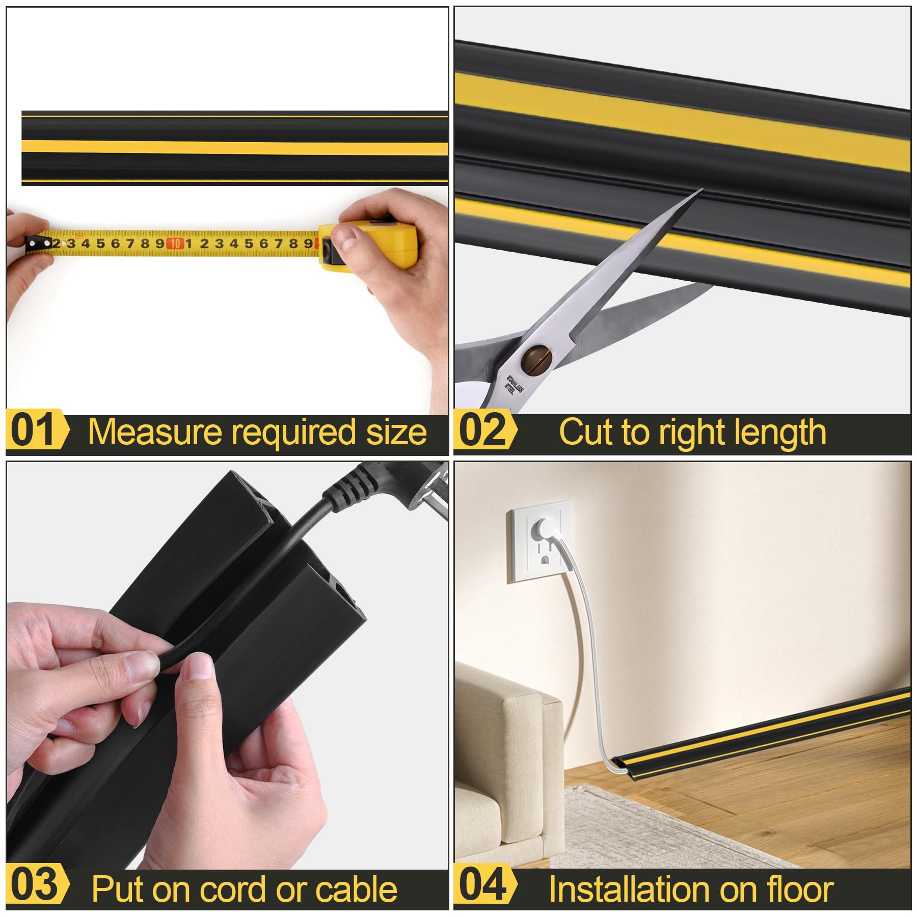 MYFAMIREA Protector de cable de suelo de 10 pies, cubierta de cable de extensión de PVC resistente con 3 canales, cubierta de alambre flexible para suelo, gestión de cables al aire libre, para el