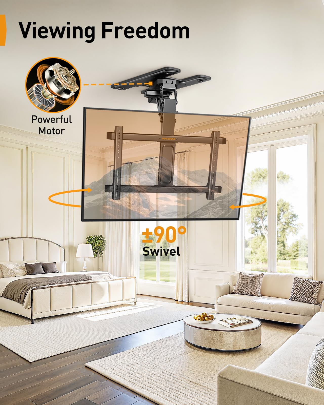 Perlegear Soporte eléctrico de techo para TV con aplicación y control remoto, soporte de techo motorizado de movimiento completo para televisores planos y curvos de 32 a 75 pulgadas de hasta 110