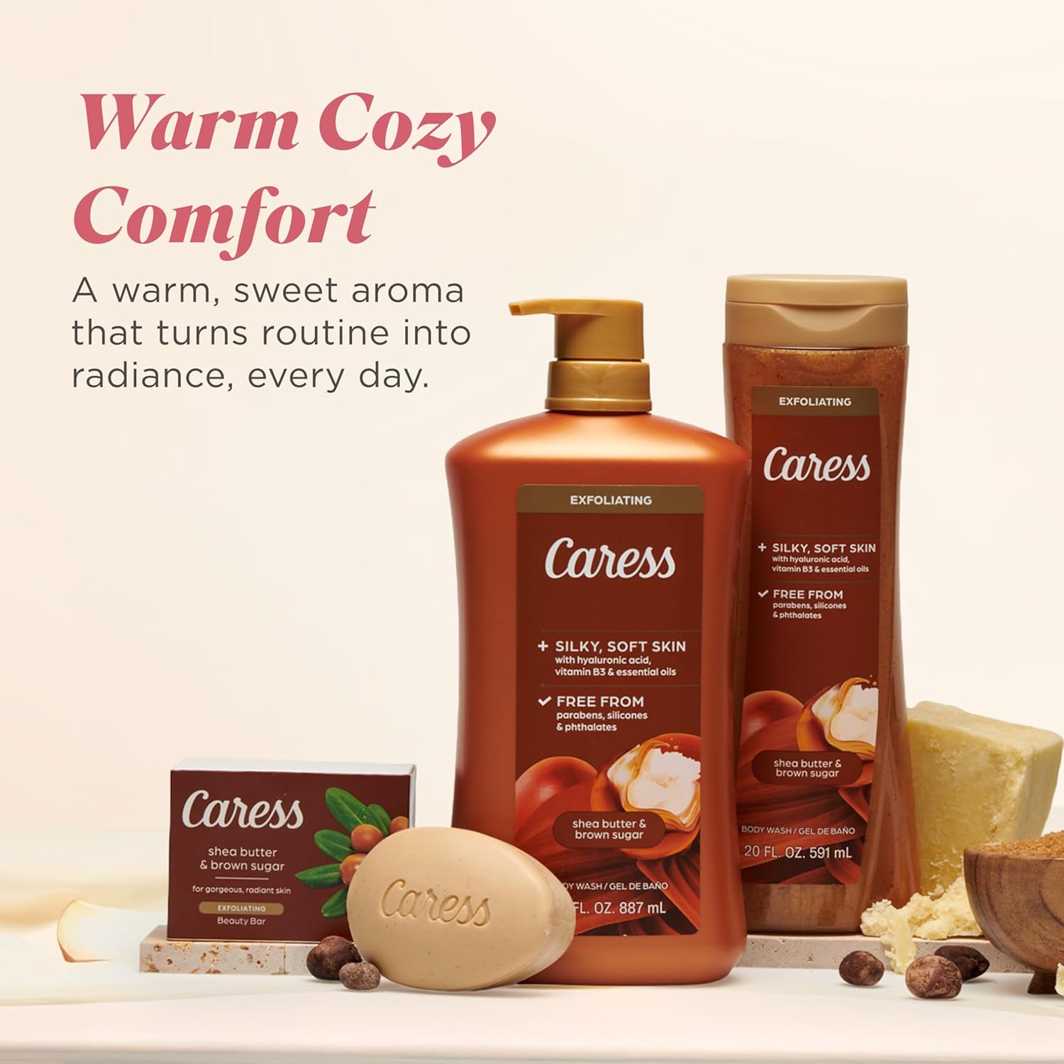 Caress Body Wash for Women, Shea Butter & Brown Sugar, Hydrating and Exfoliating Shower Gel for Gorgeous Radiant Skin, 20 fl oz, 4 Pack
