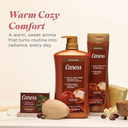 Miniatura 8 de Caress Gel de baño para mujer, manteca de karité y azúcar moreno, gel de ducha hidratante y exfoliante para una piel radiante hermosa, 20 onzas