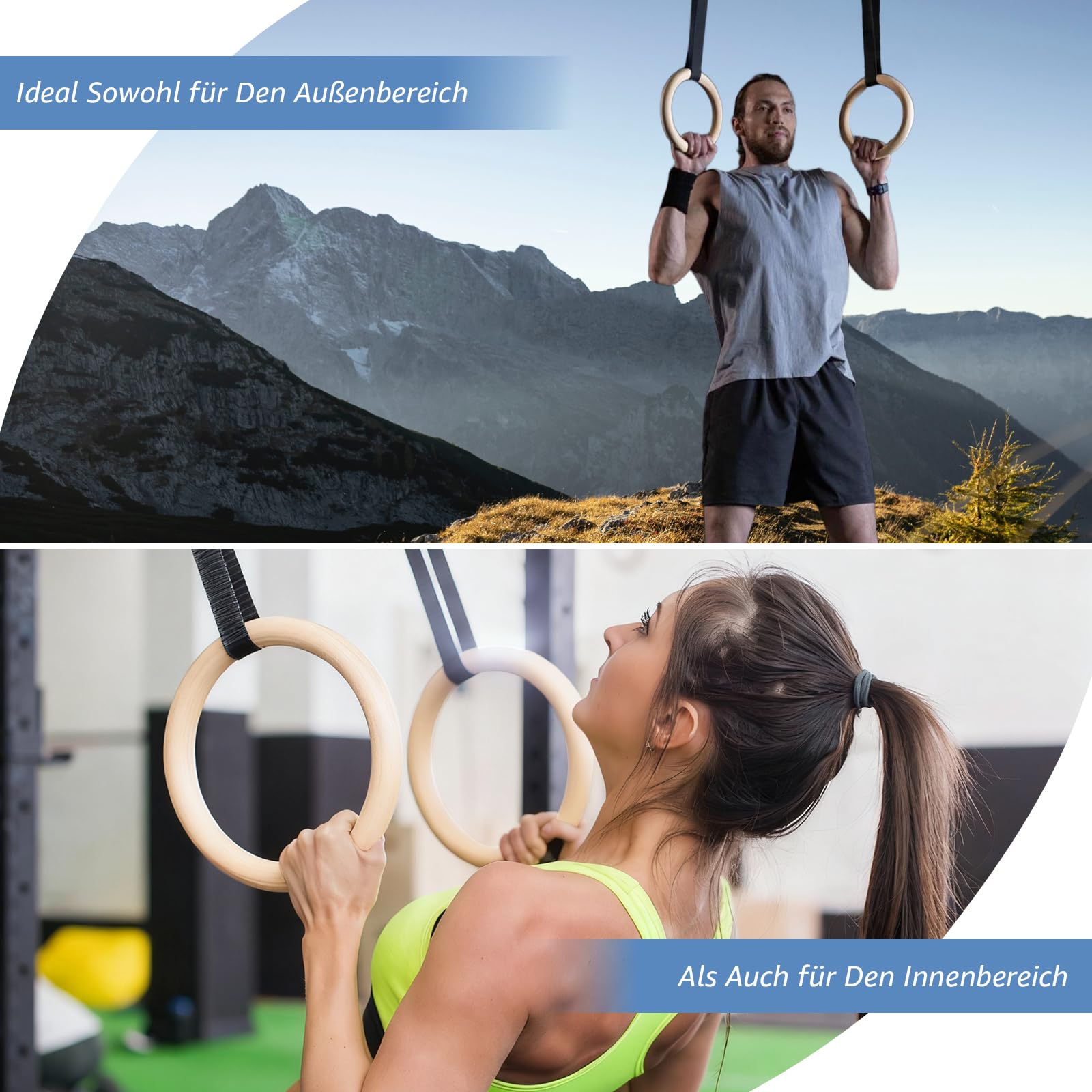 Anelli Ginnastica e Palestra in Legno, Fitness Anelli Palestra con Regolabili Lunghi Fibbie Cinghie, Anelli Calisthenics per Suspension Training, Training Muscolare, Crossfit, Fitness, Aerobica