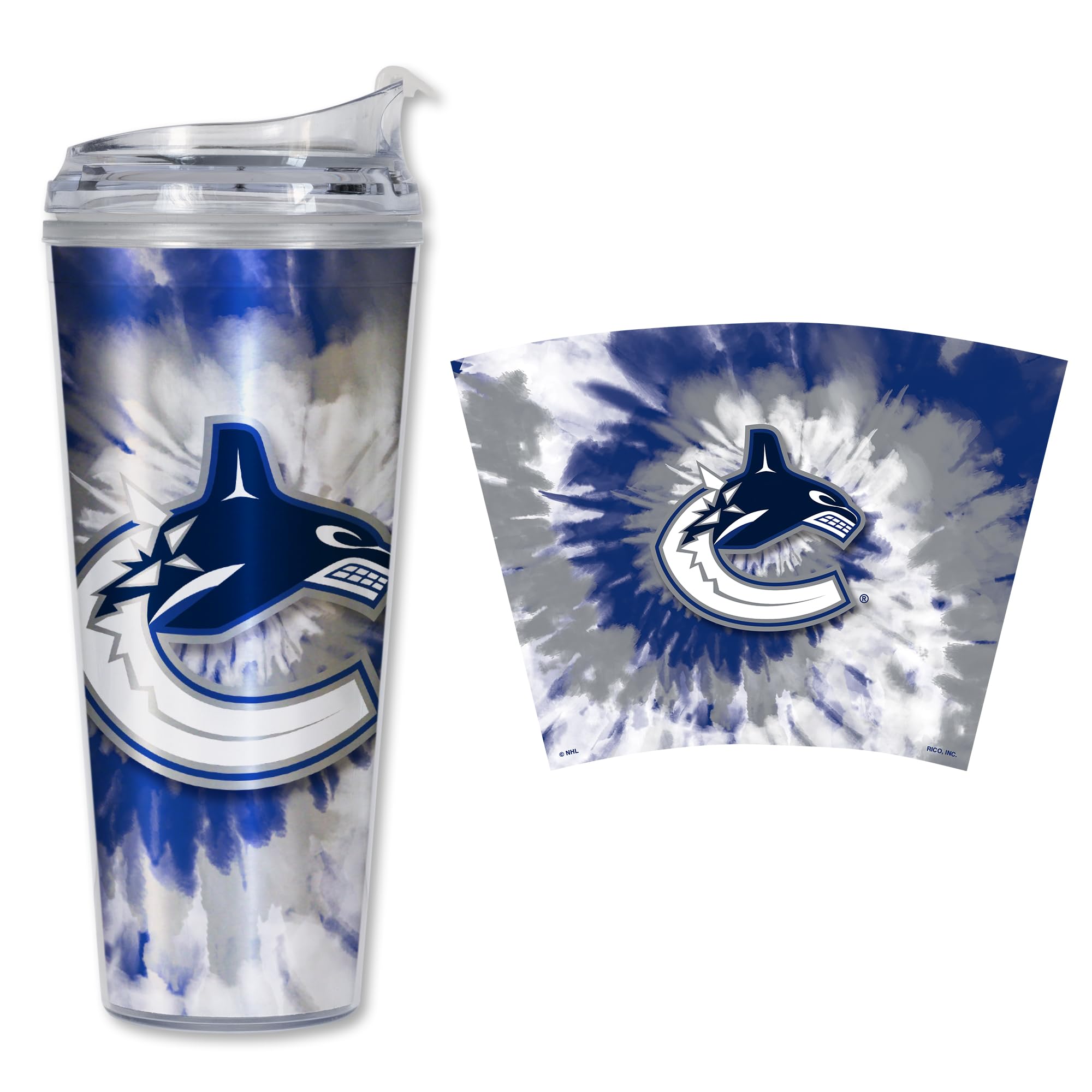 Rico Industries NHL Hockey Team Color Tie Dye 24oz Metallic Acrylic Tumbler with Hinged Lid, Officially Licensed Double Wall Tumbler with Straw
