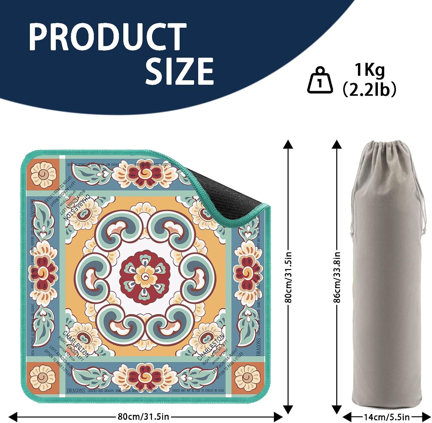 Green Mahjong Mat for Table, American Mahjong Mat with Printed Rules, 31.5x31.5 in, Anti-Slip, Noise-Reducing Table Cover with Carrying Bag for Mahjong, Poker, Dominoes and Card Games
