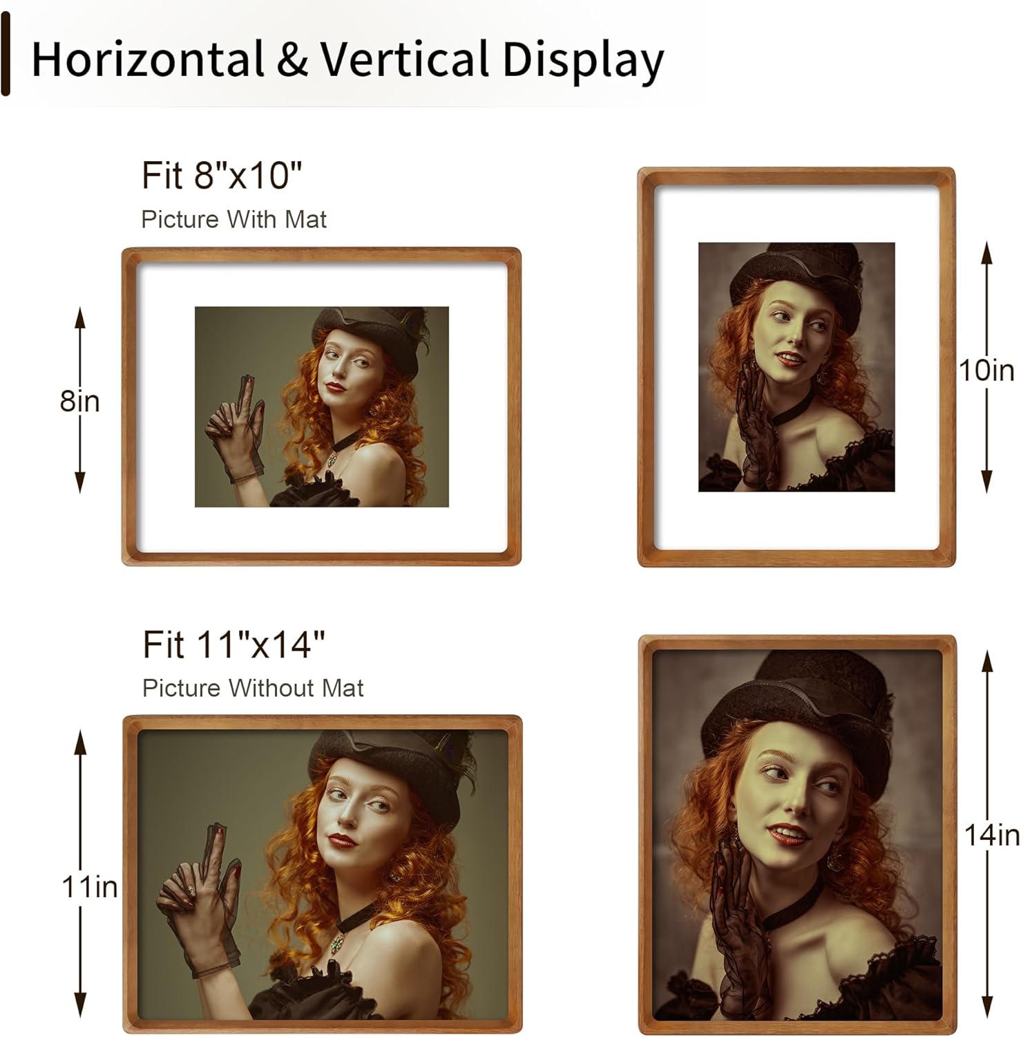 11x14 Picture Frame Natural Teak Wood with Mat for 8x10, Original Natural Solid Wood 11 by 14 Photo Frames with Tempered Glass Cover for Wall and Tabletop Display