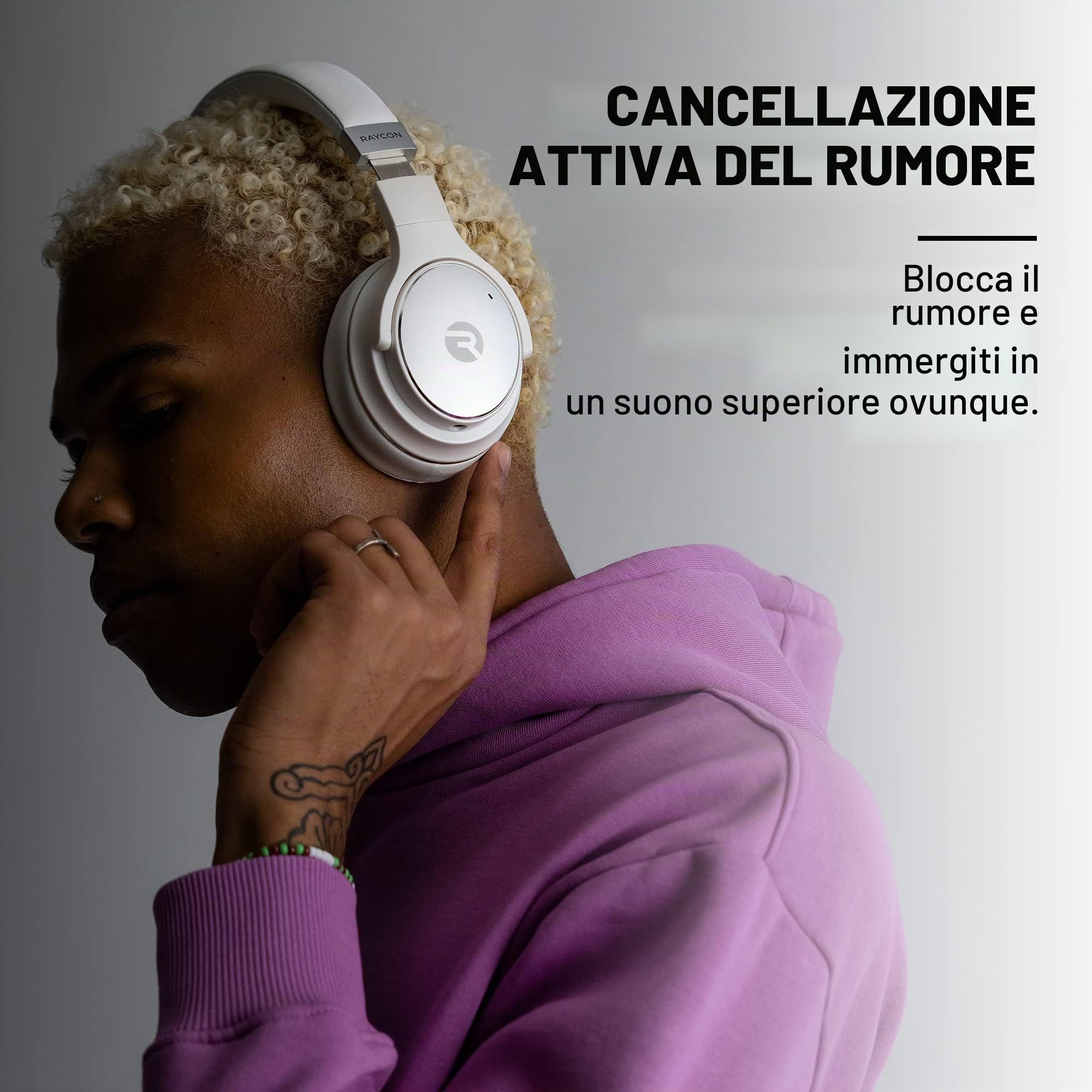 Raycon Le Cuffie Over-Ear Wireless Bluetooth Everyday, con cancellazione Attiva del Rumore, modalità di sensibilizzazione e Microfono Integrato, IPX 4 (Nero)